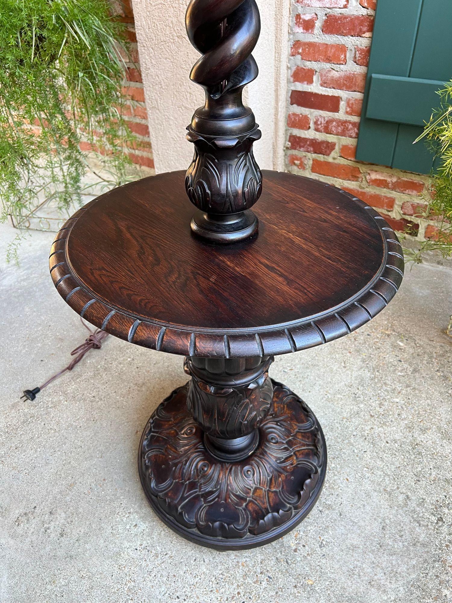 Antique English Carved Oak Floor Lamp OPEN Barley Twist w Round End Table c1920 In Good Condition For Sale In Shreveport, LA