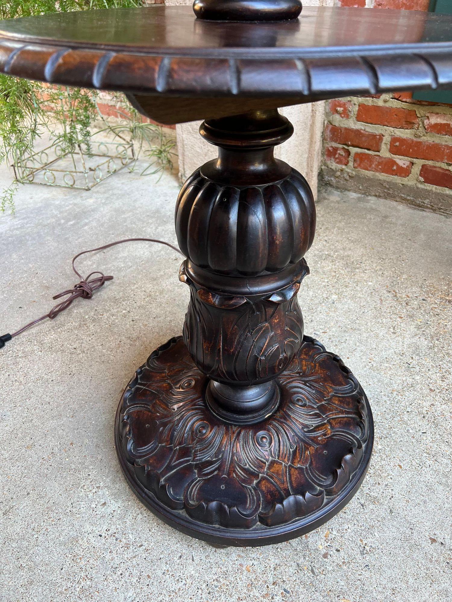 Antique English Carved Oak Floor Lamp OPEN Barley Twist w Round End Table c1920 For Sale 1