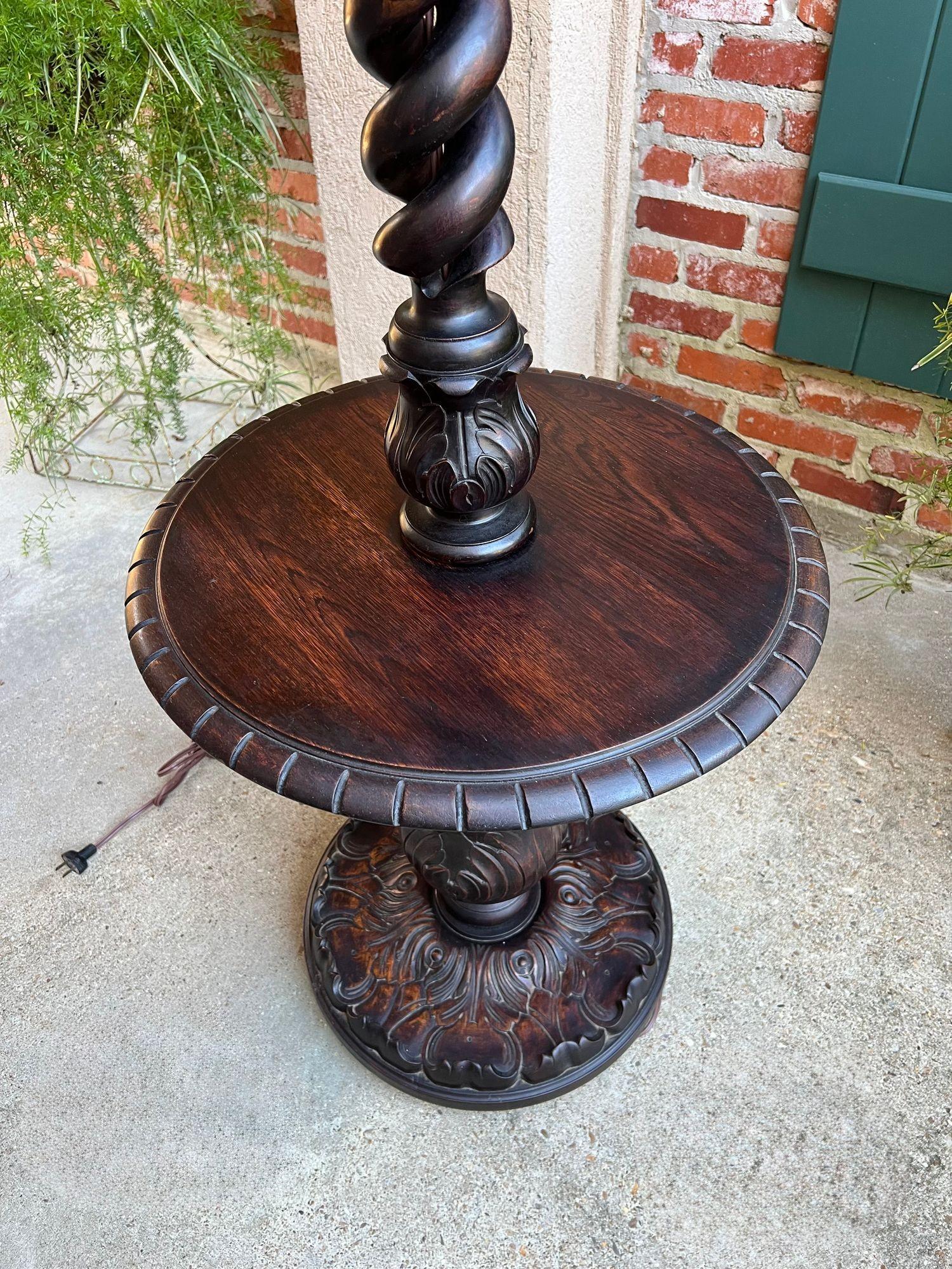 Antique English Carved Oak Floor Lamp OPEN Barley Twist w Round End Table c1920 For Sale 2