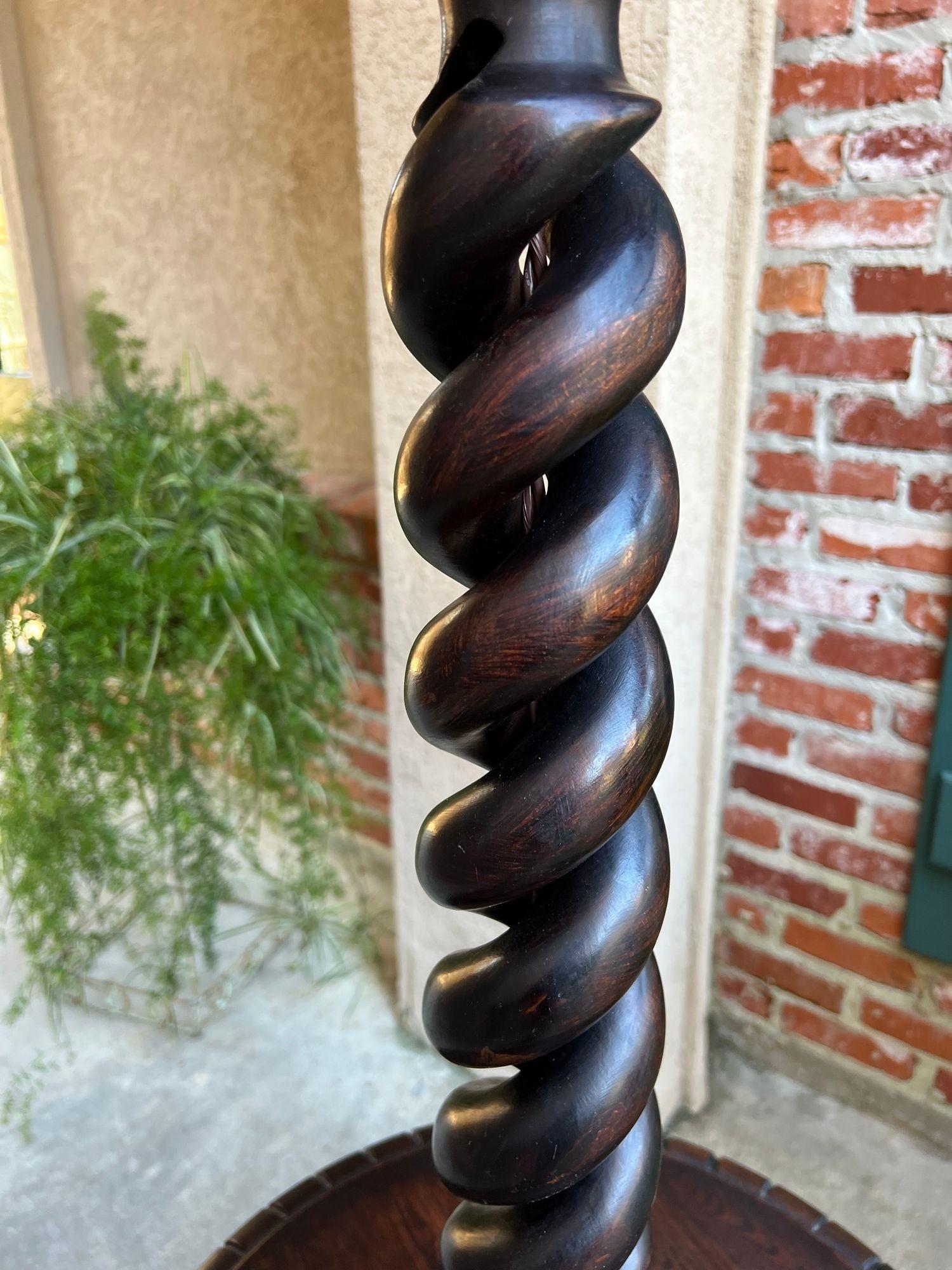 Antique English Carved Oak Floor Lamp OPEN Barley Twist w Round End Table c1920 For Sale 3