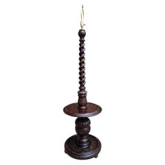 Antique English Carved Oak Floor Lamp OPEN Barley Twist w Round End Table c1920