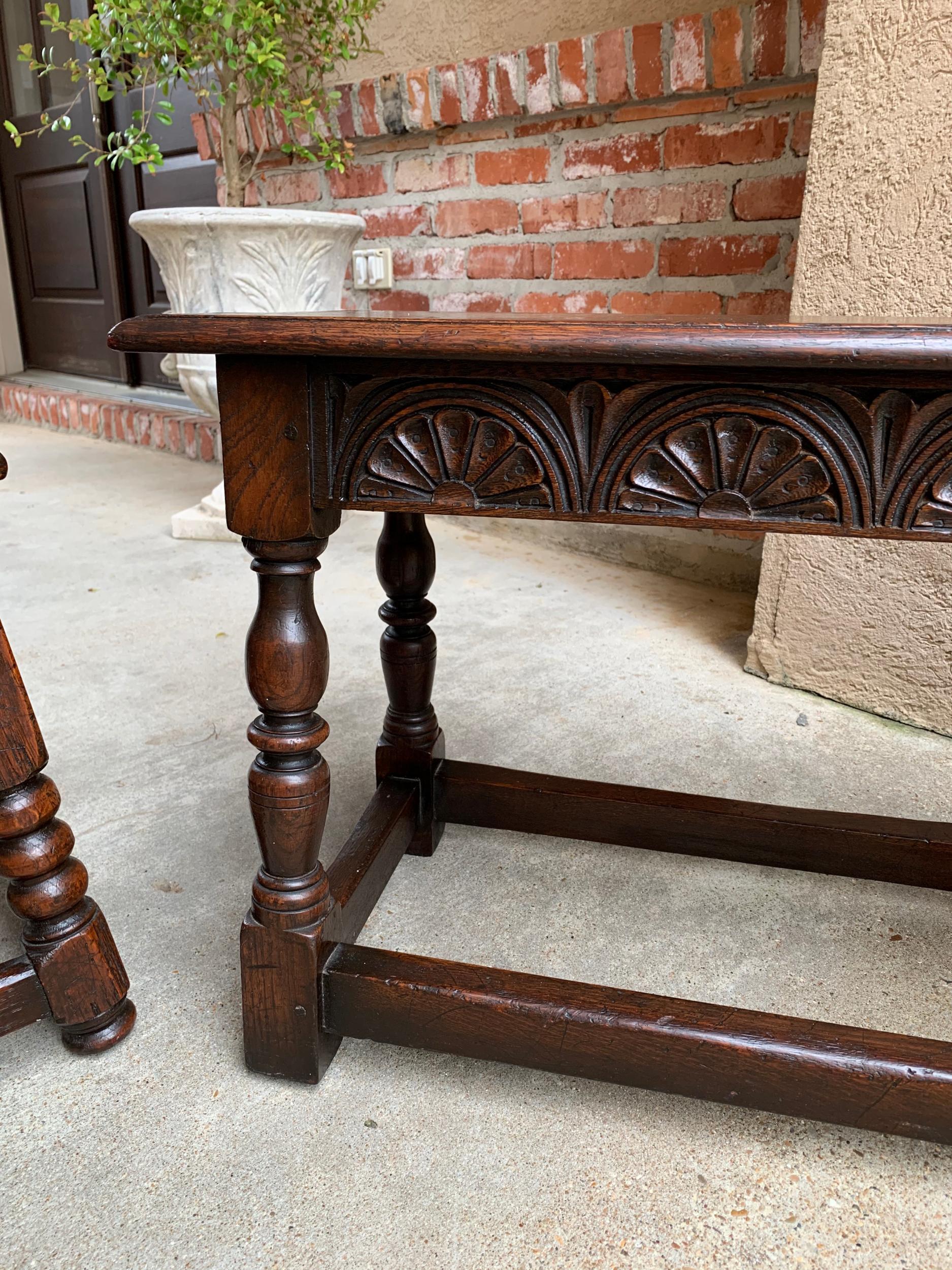 Antique English Carved Oak Hall Bench Joint Stool Jacobean Style, c1900 9