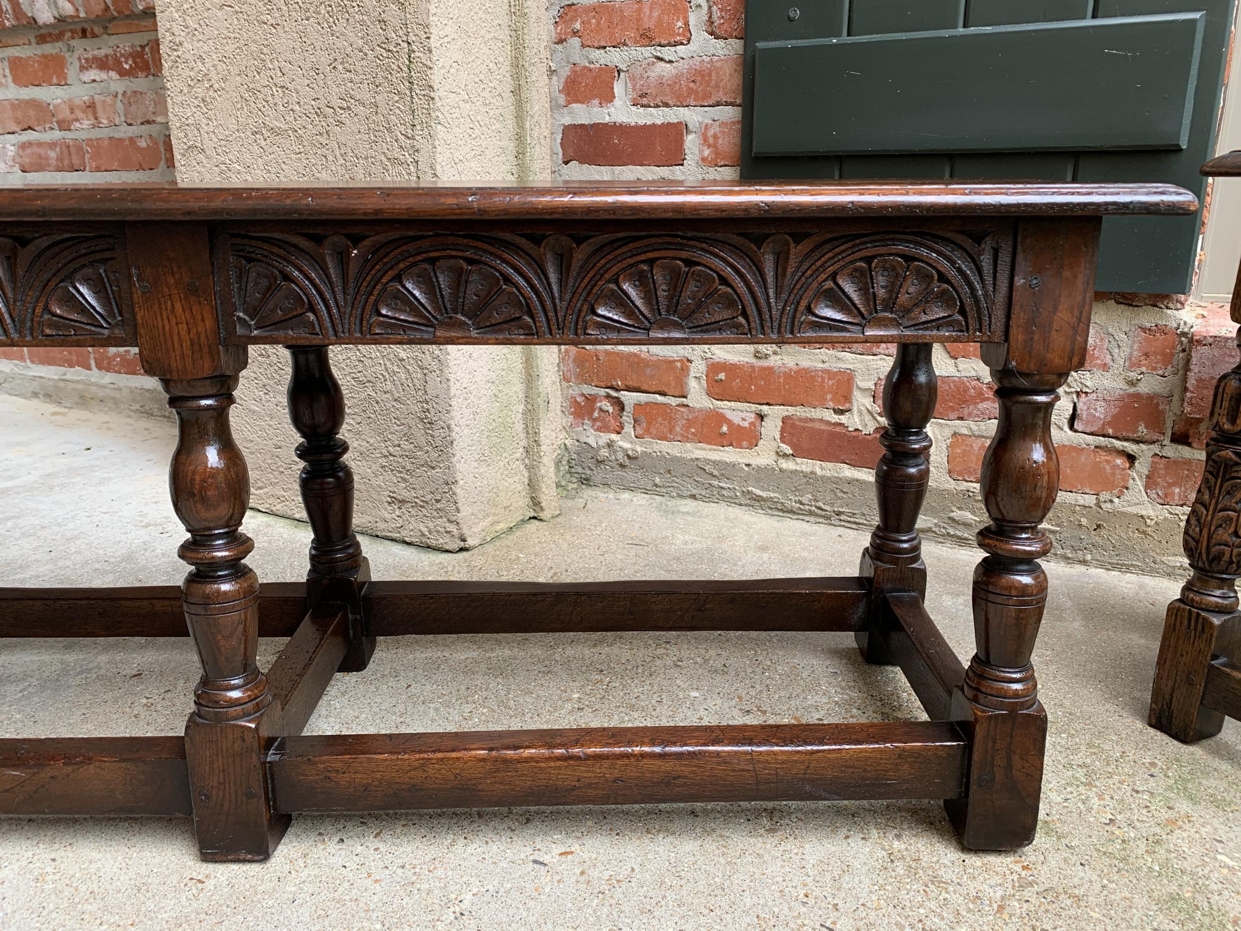 Early 20th Century Antique English Carved Oak Hall Bench Joint Stool Jacobean Style, c1900