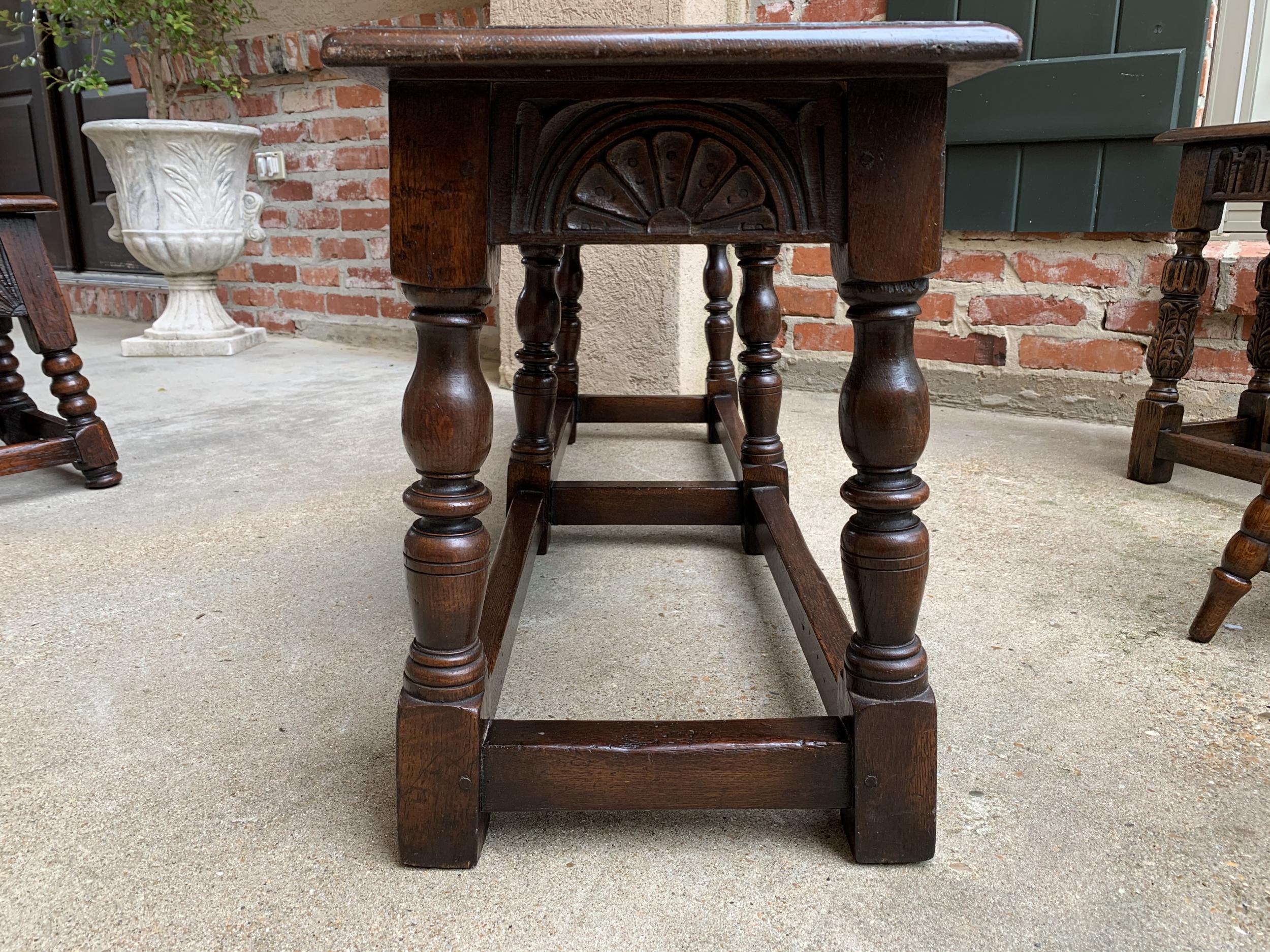 Antique English Carved Oak Hall Bench Joint Stool Jacobean Style, c1900 3