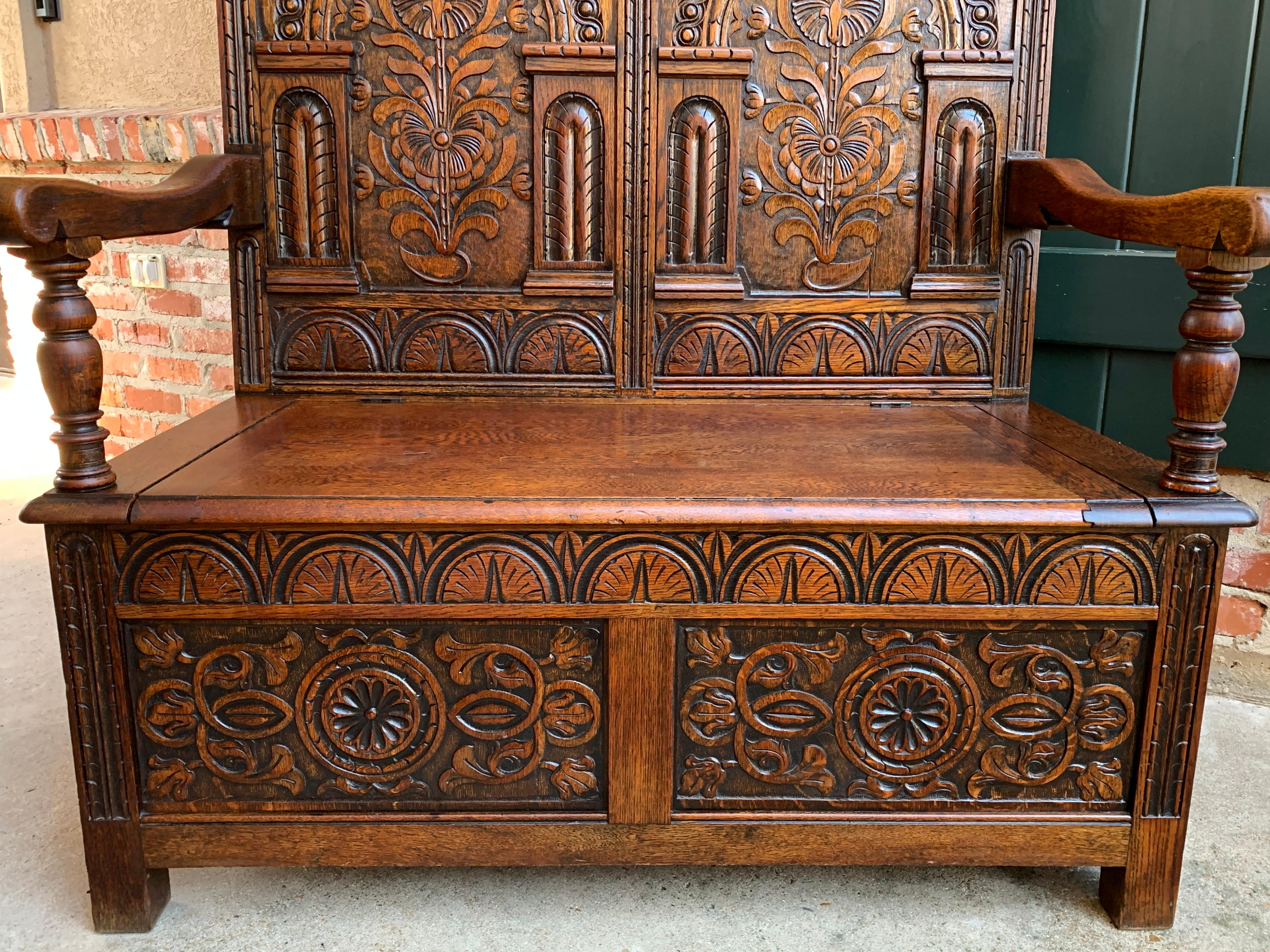 Early 20th Century Antique English Carved Oak Hall Bench Trunk Chest Settle Toy Box Pew Chair 