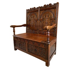 Antike englische geschnitzte Eiche Hall Bench Trunk Chest Settle Toy Box Pew Chair