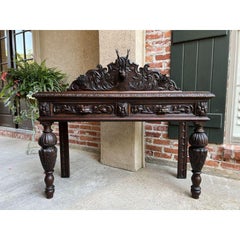 Antique English Carved Oak Hunt Console Hall Table Stag Deer Lion Sofa Table