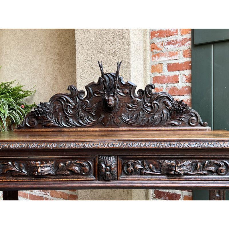 Renaissance Antique English Carved Oak Hunt Console Hall Table Stag Deer Lion Sofa Table