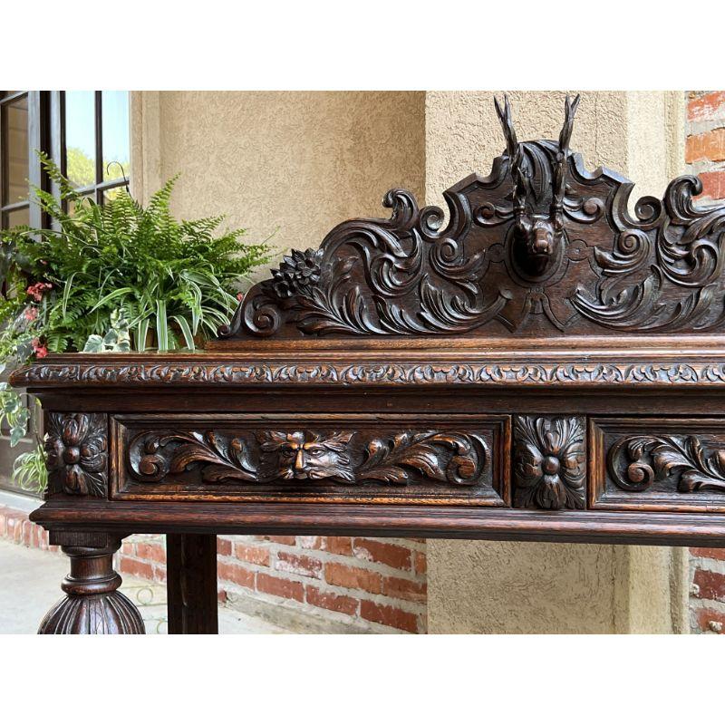 British Antique English Carved Oak Hunt Console Hall Table Stag Deer Lion Sofa Table