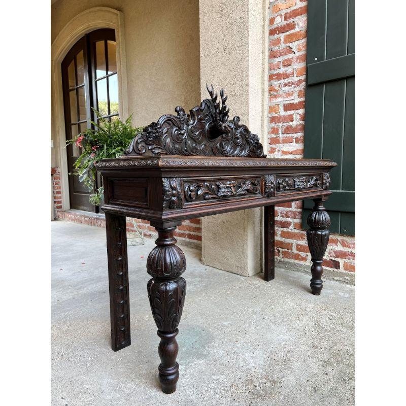 Hand-Carved Antique English Carved Oak Hunt Console Hall Table Stag Deer Lion Sofa Table