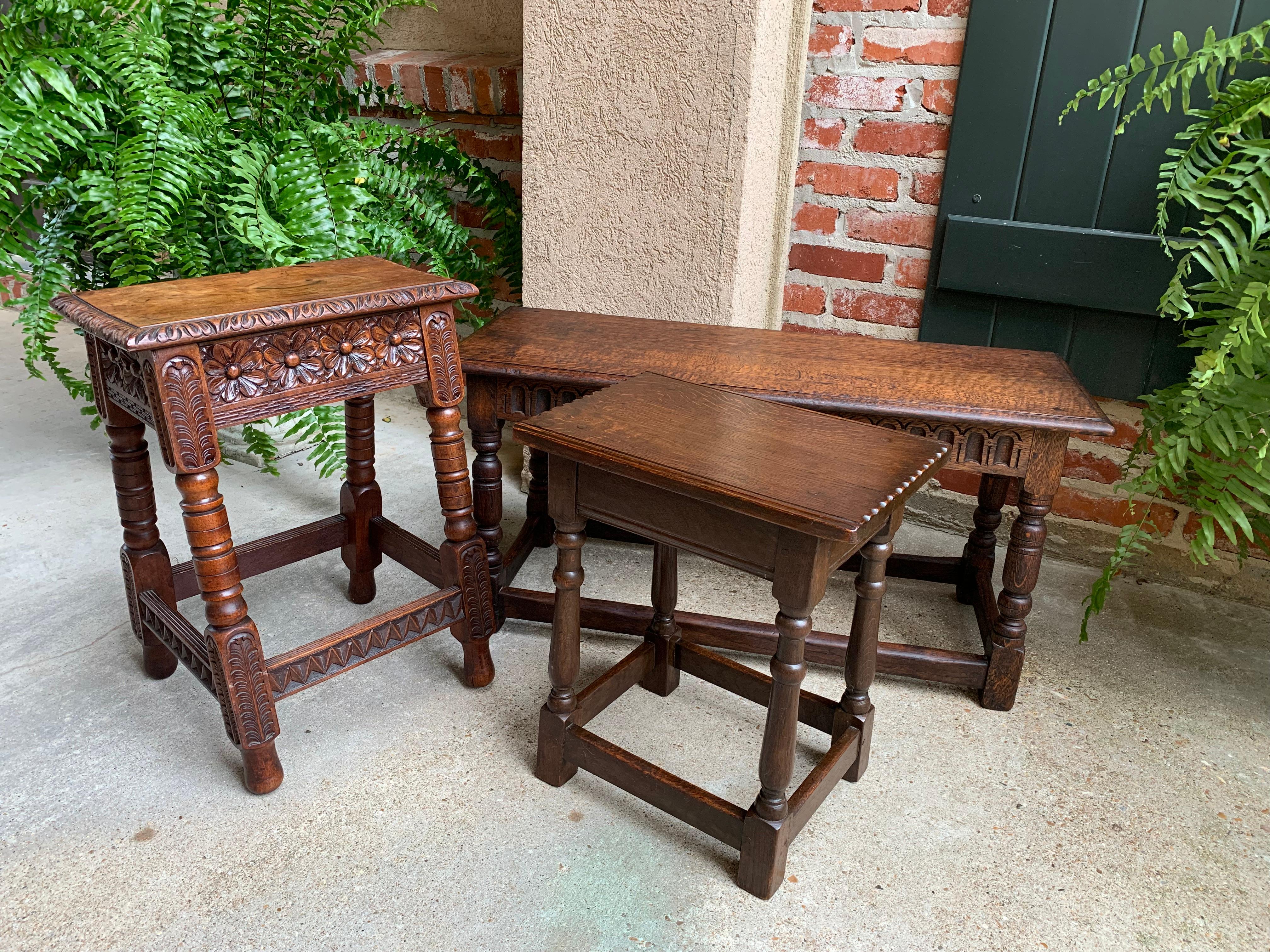 Antique English Carved Oak Joint Stool Bench Table Lift Top Splayed Leg c1900 4