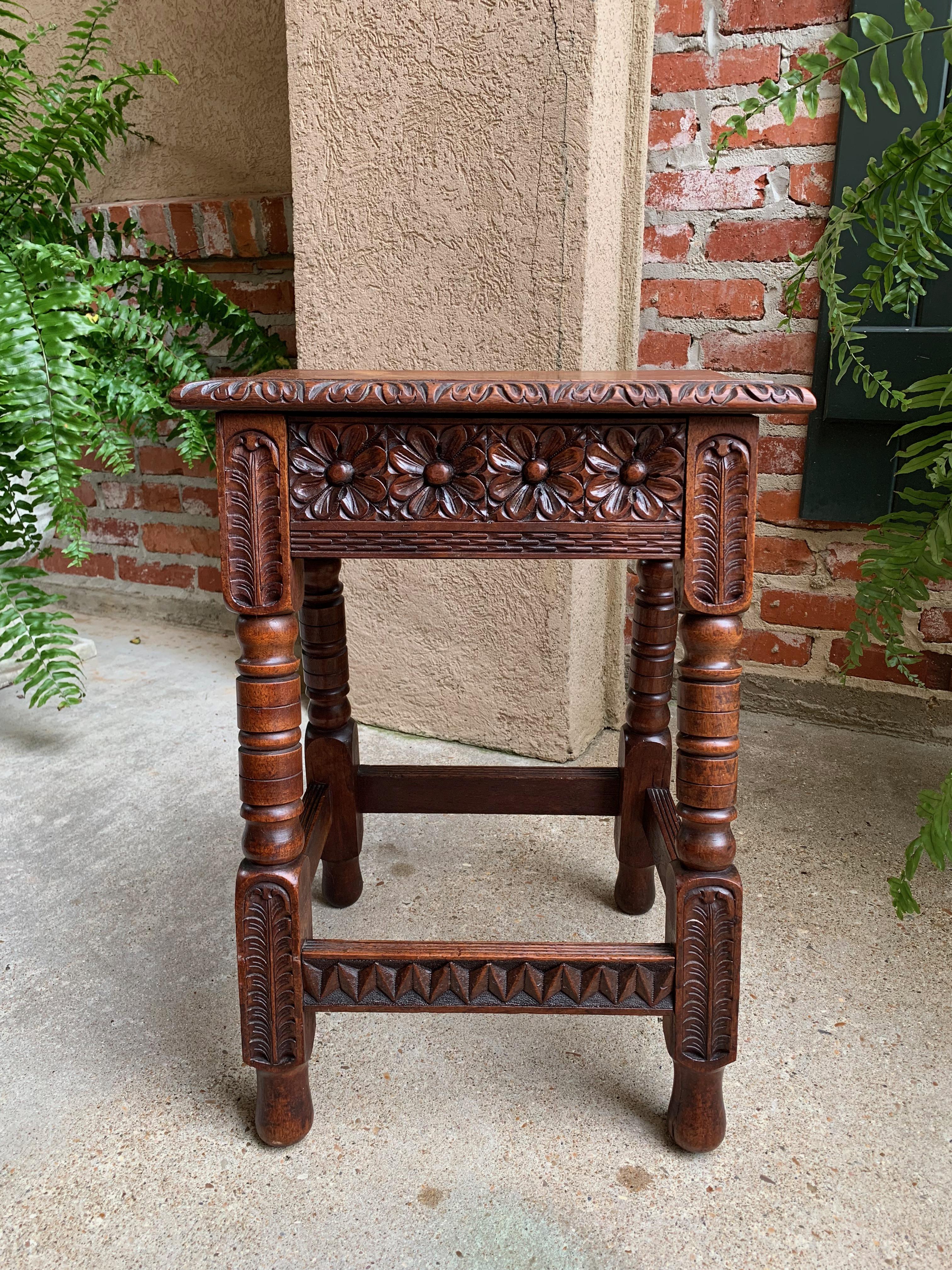 Antique English Carved Oak Joint Stool Bench Table Lift Top Splayed Leg c1900 7