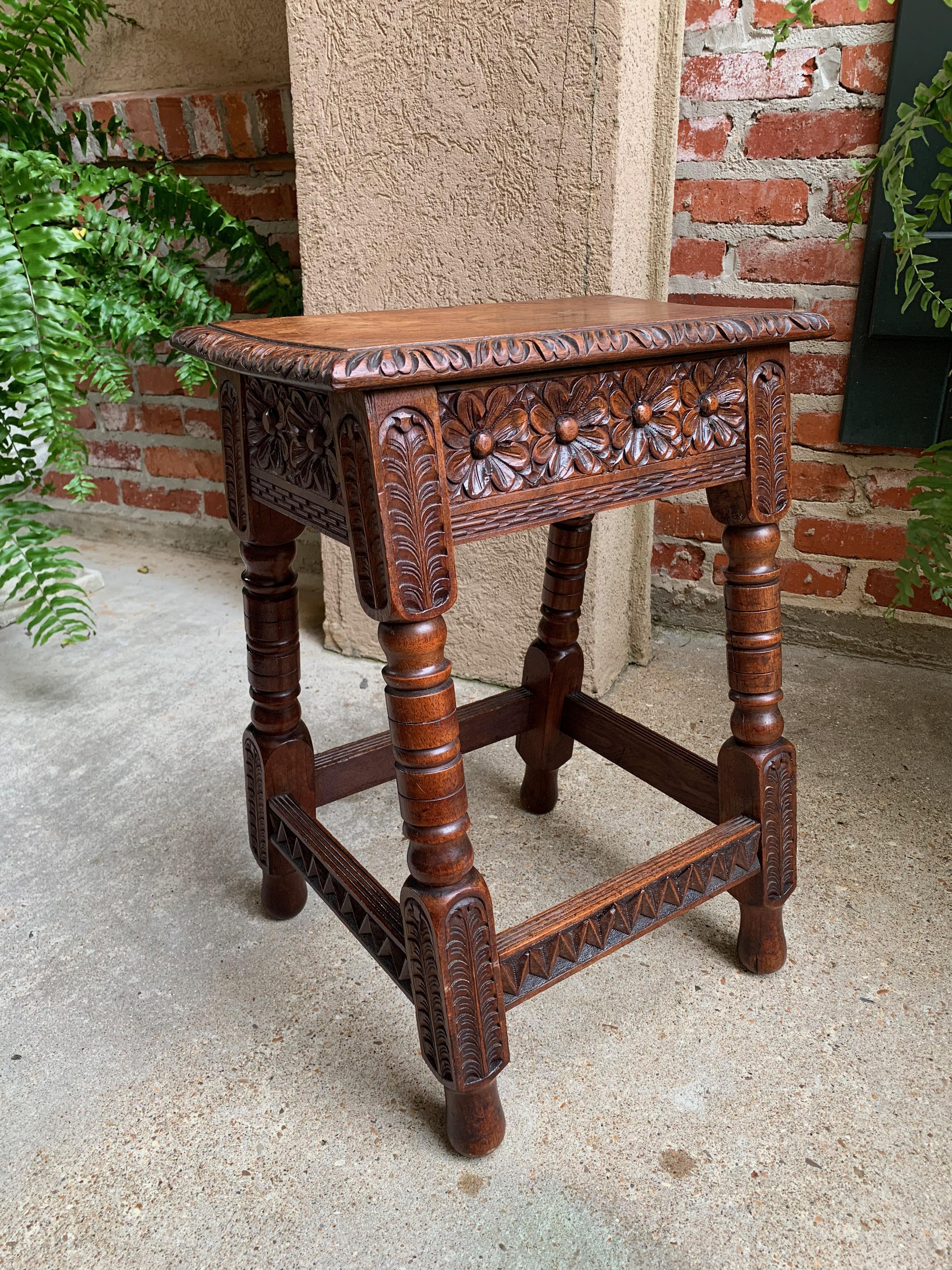 Antique English Carved Oak Joint Stool Bench Table Lift Top Splayed Leg c1900 8