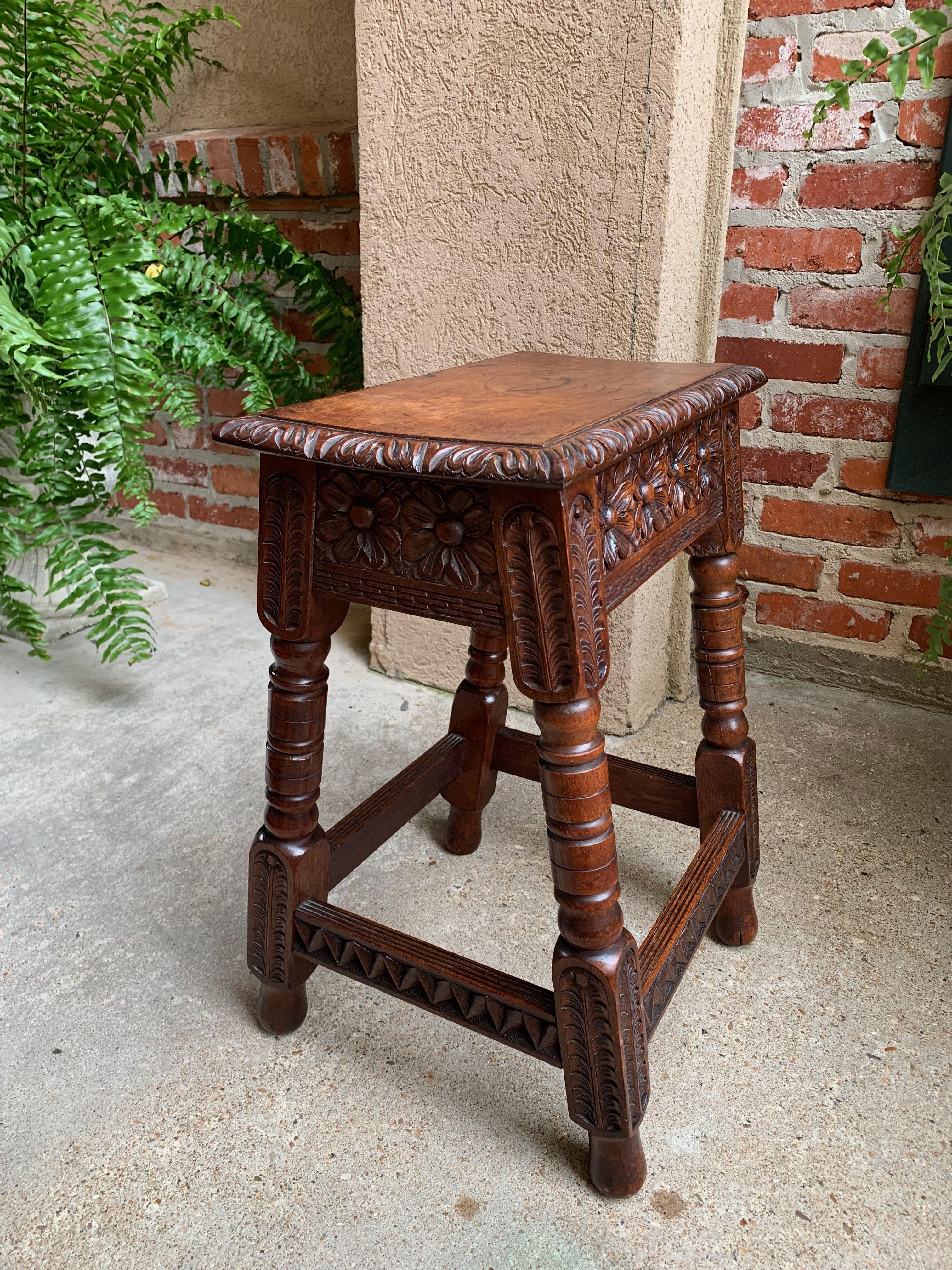 Antique English Carved Oak Joint Stool Bench Table Lift Top Splayed Leg c1900 9