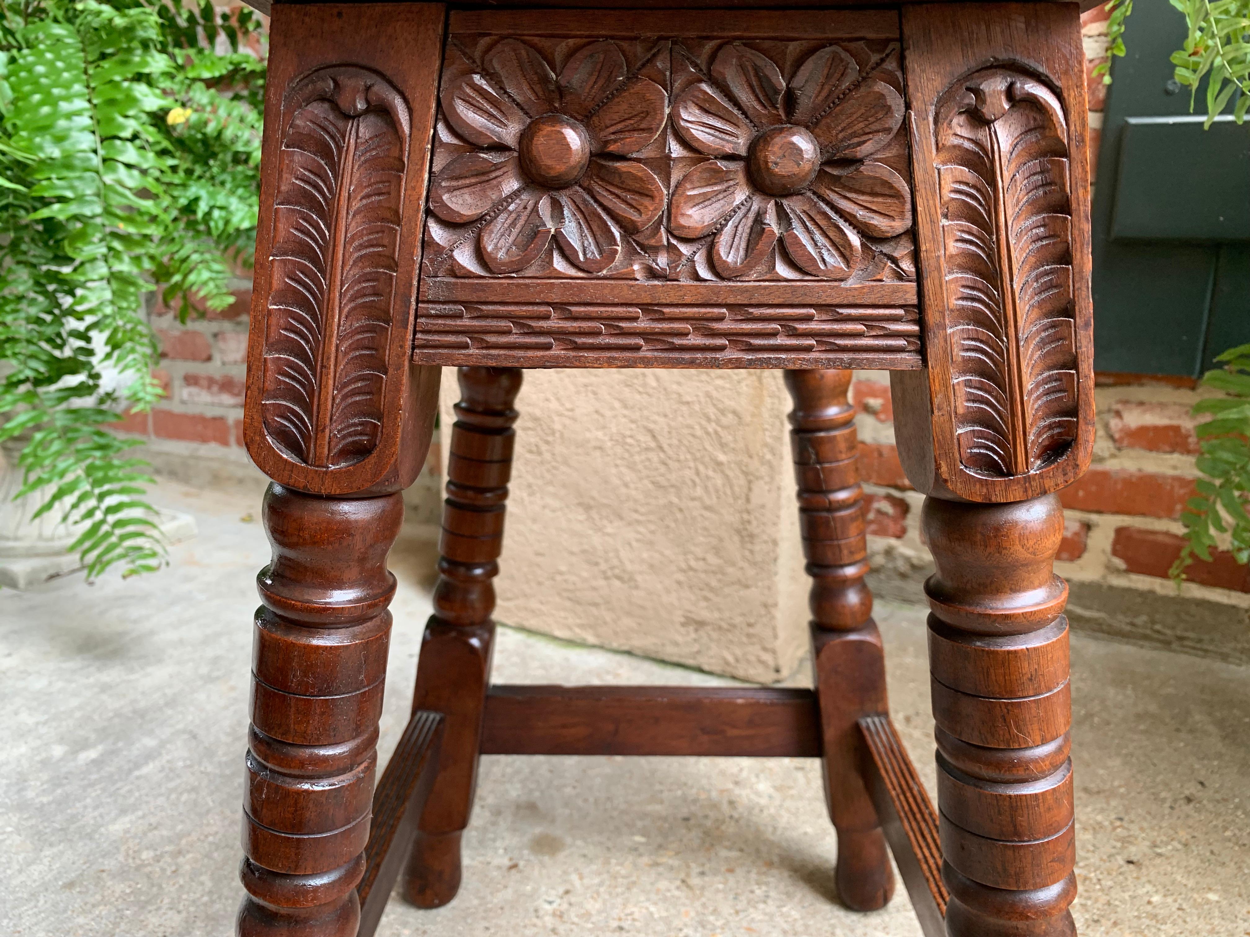 Antique English Carved Oak Joint Stool Bench Table Lift Top Splayed Leg c1900 11