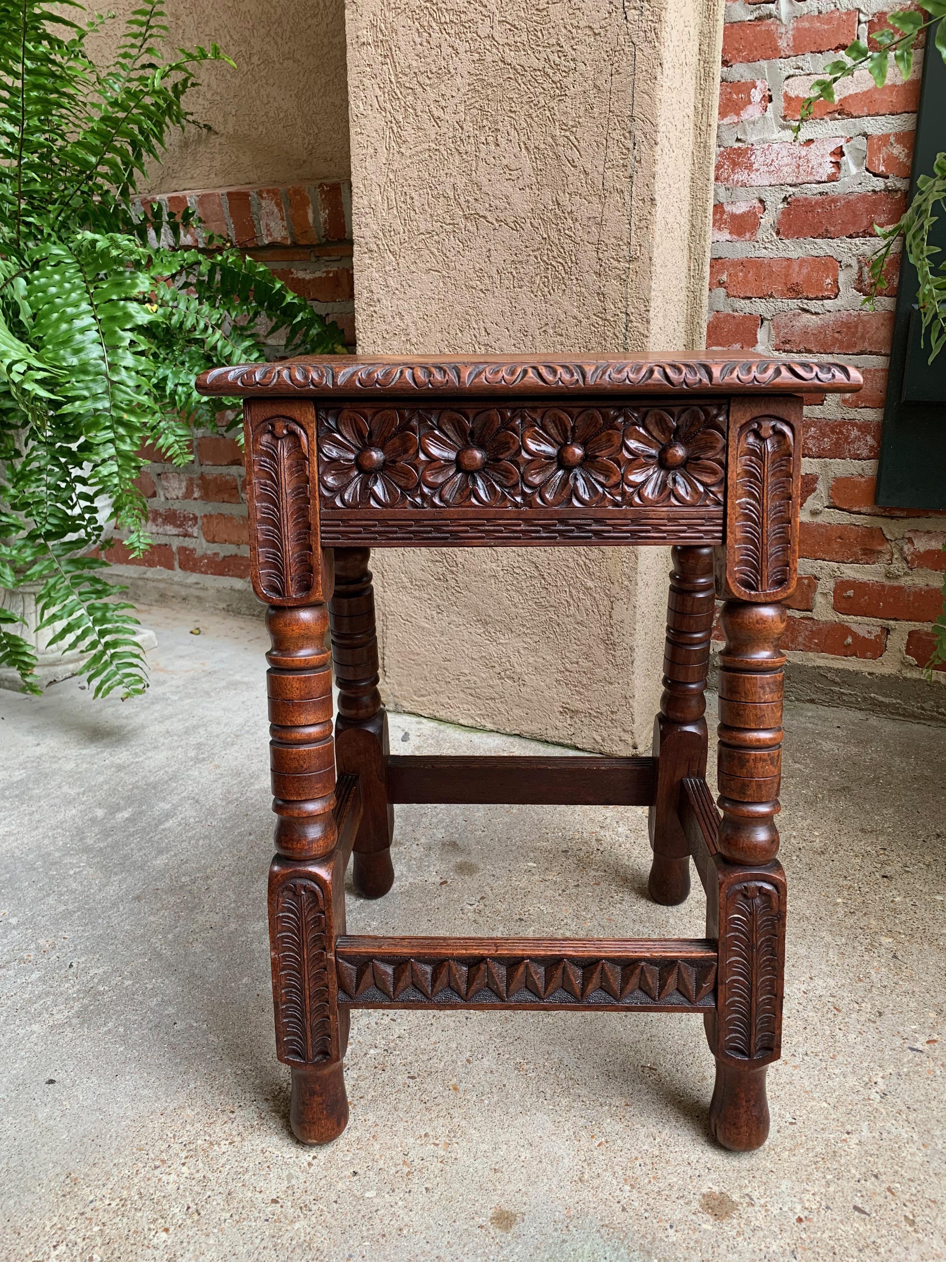 British Antique English Carved Oak Joint Stool Bench Table Lift Top Splayed Leg c1900
