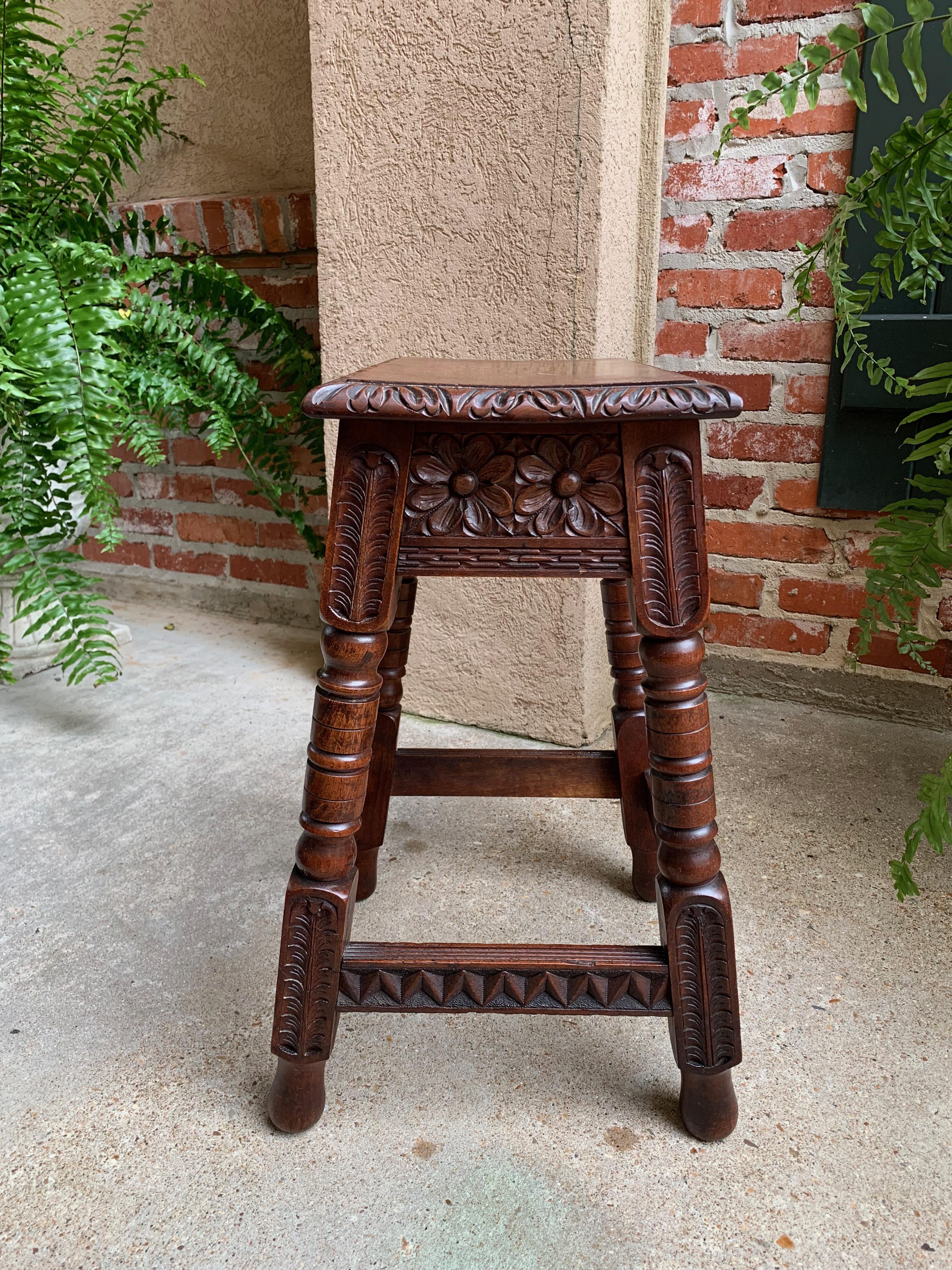 Antique English Carved Oak Joint Stool Bench Table Lift Top Splayed Leg c1900 3