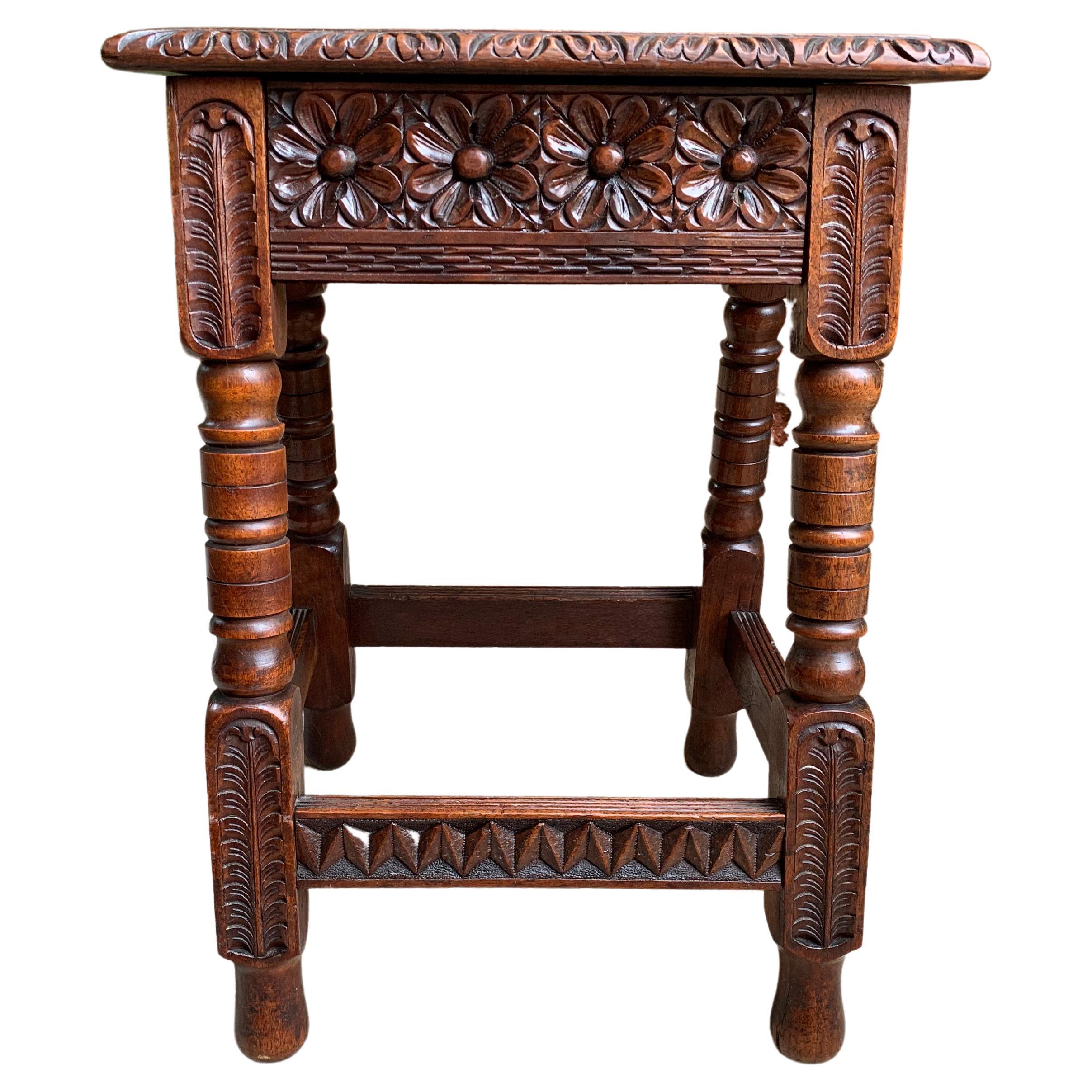 Antique English Carved Oak Joint Stool Bench Table Lift Top Splayed Leg c1900