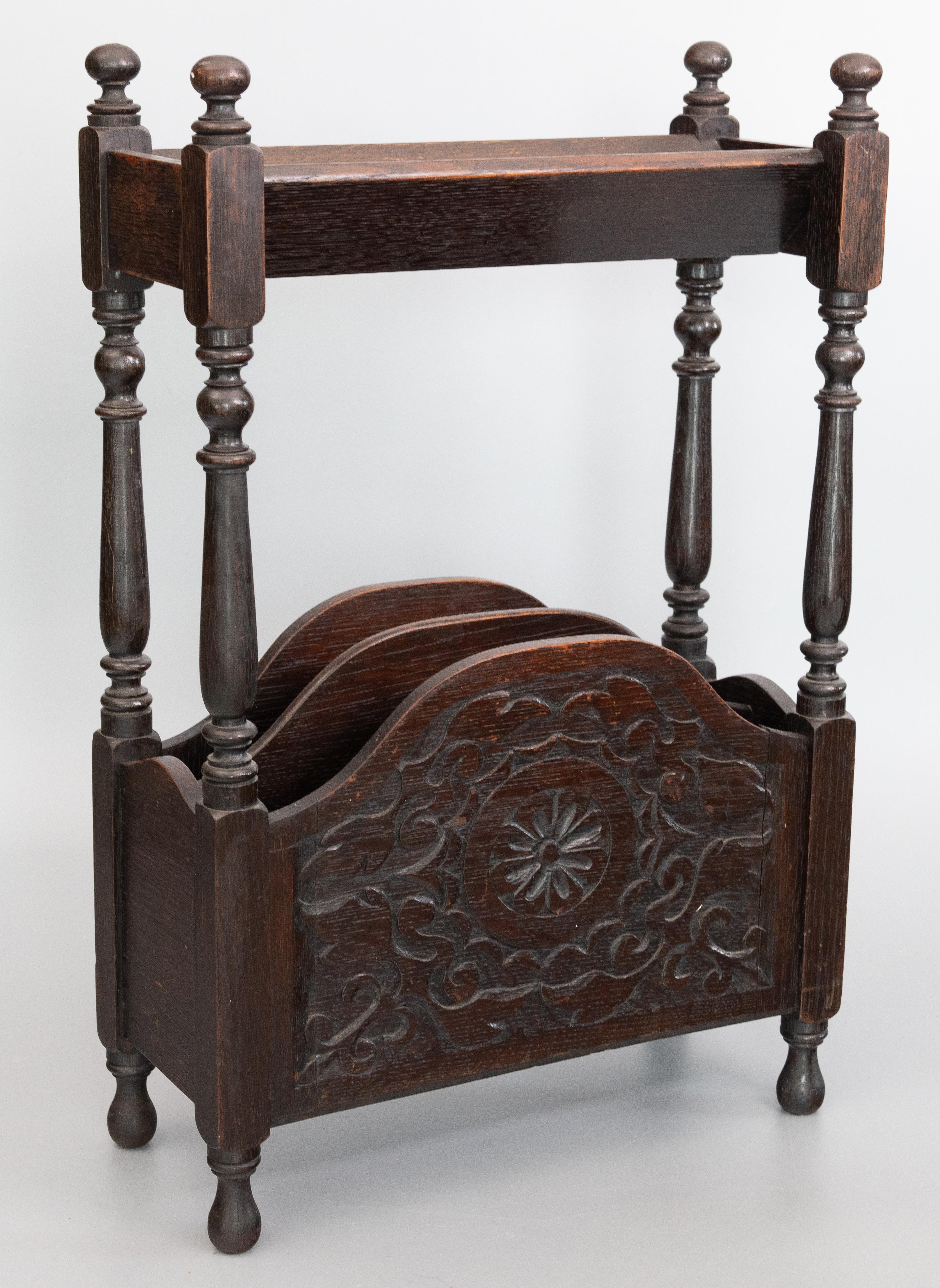 Antique English Carved Oak Library Book Trough and Magazine Rack Stand, c. 1910 For Sale 5