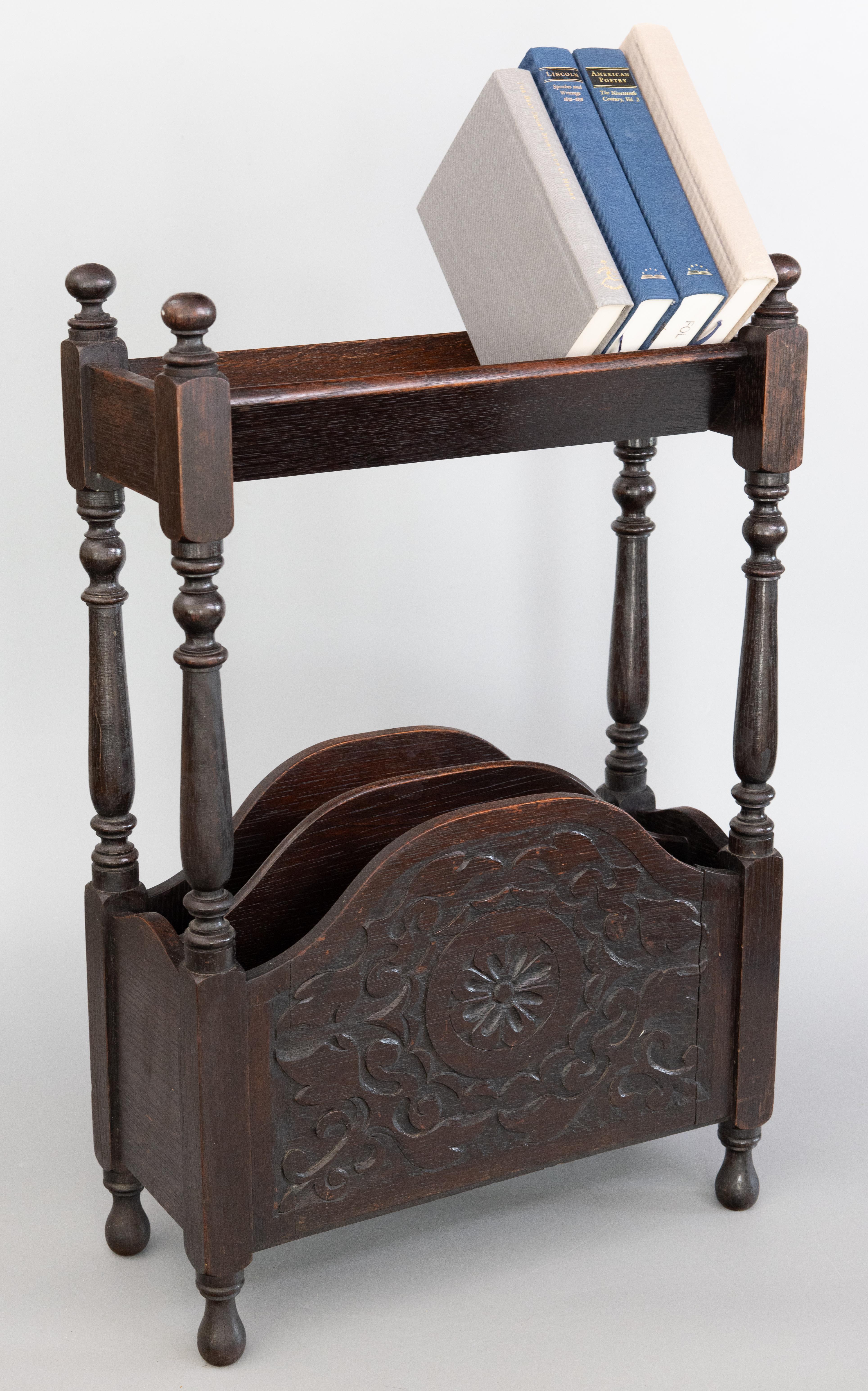 Edwardian Antique English Carved Oak Library Book Trough and Magazine Rack Stand, c. 1910 For Sale