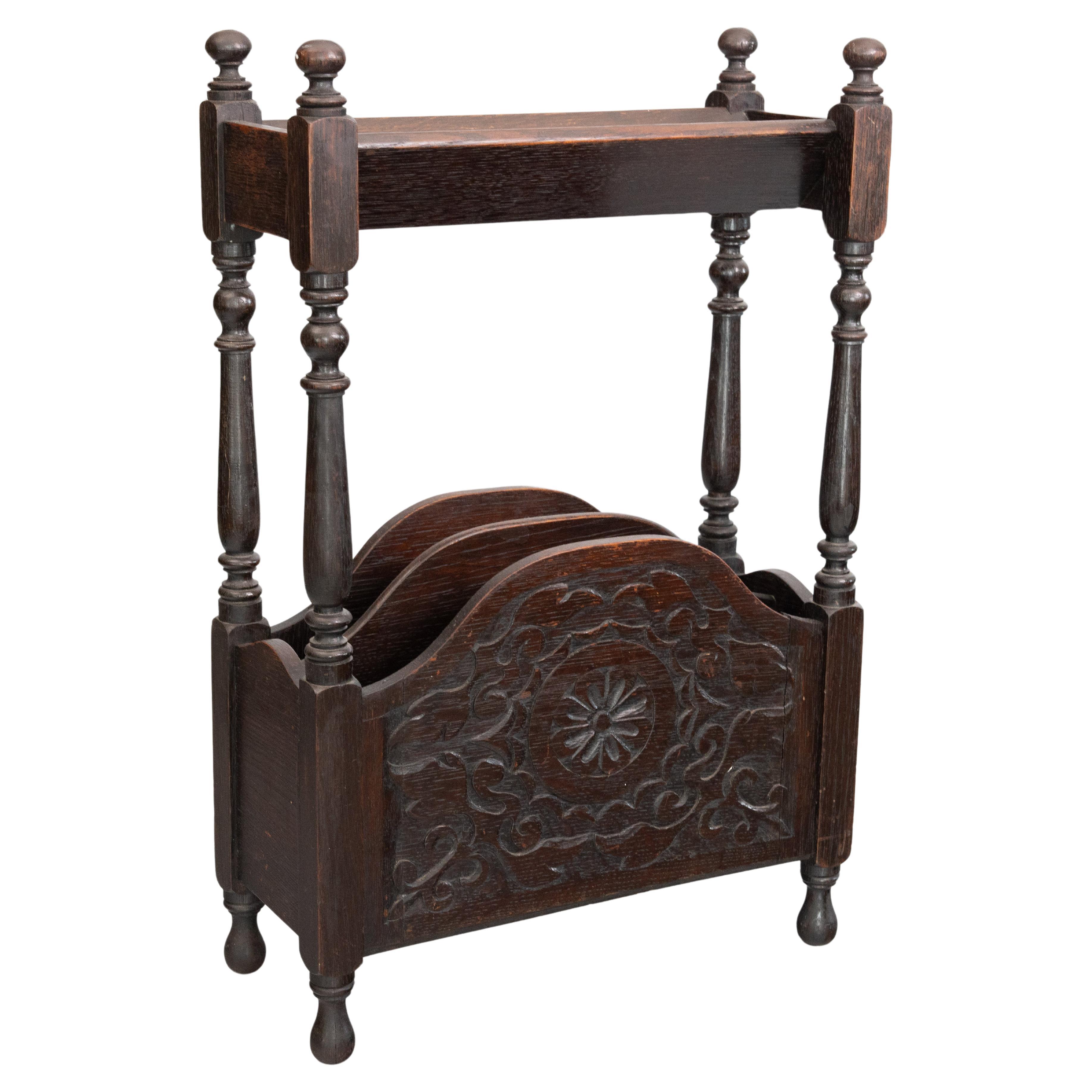 Antique English Carved Oak Library Book Trough and Magazine Rack Stand, c. 1910 For Sale