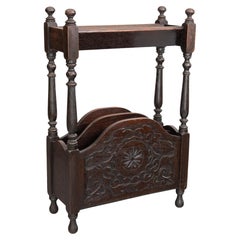 Antique English Carved Oak Library Book Trough and Magazine Rack Stand, c. 1910