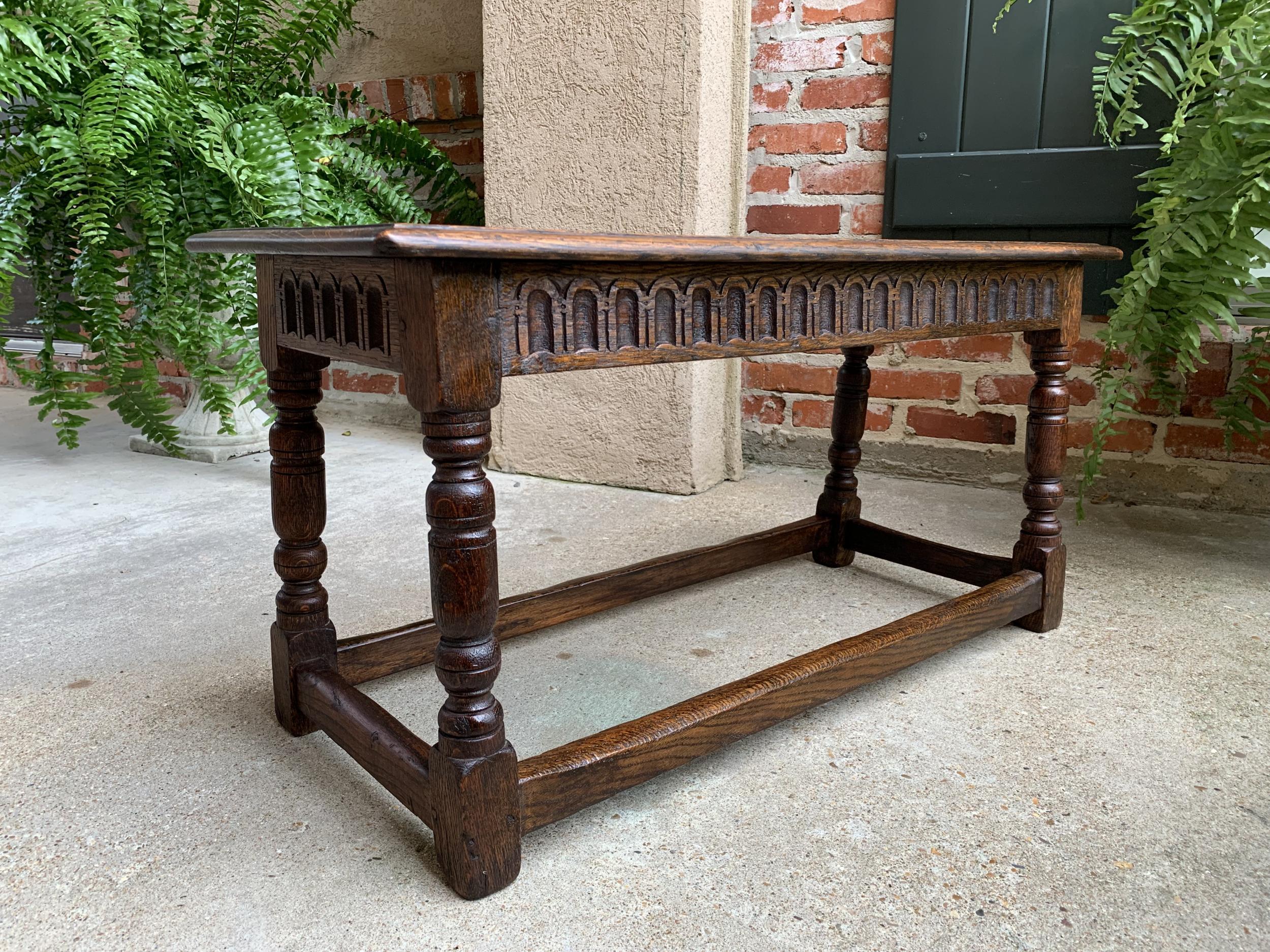 Antique English carved oak pegged joint stool duet bench window seat c1900

~Direct from England~
~Long and lovely antique English oak “duet” bench or stool, a generous 3 ft. length!~
~Heavy, solid oak top, with beveled edge above the apron with