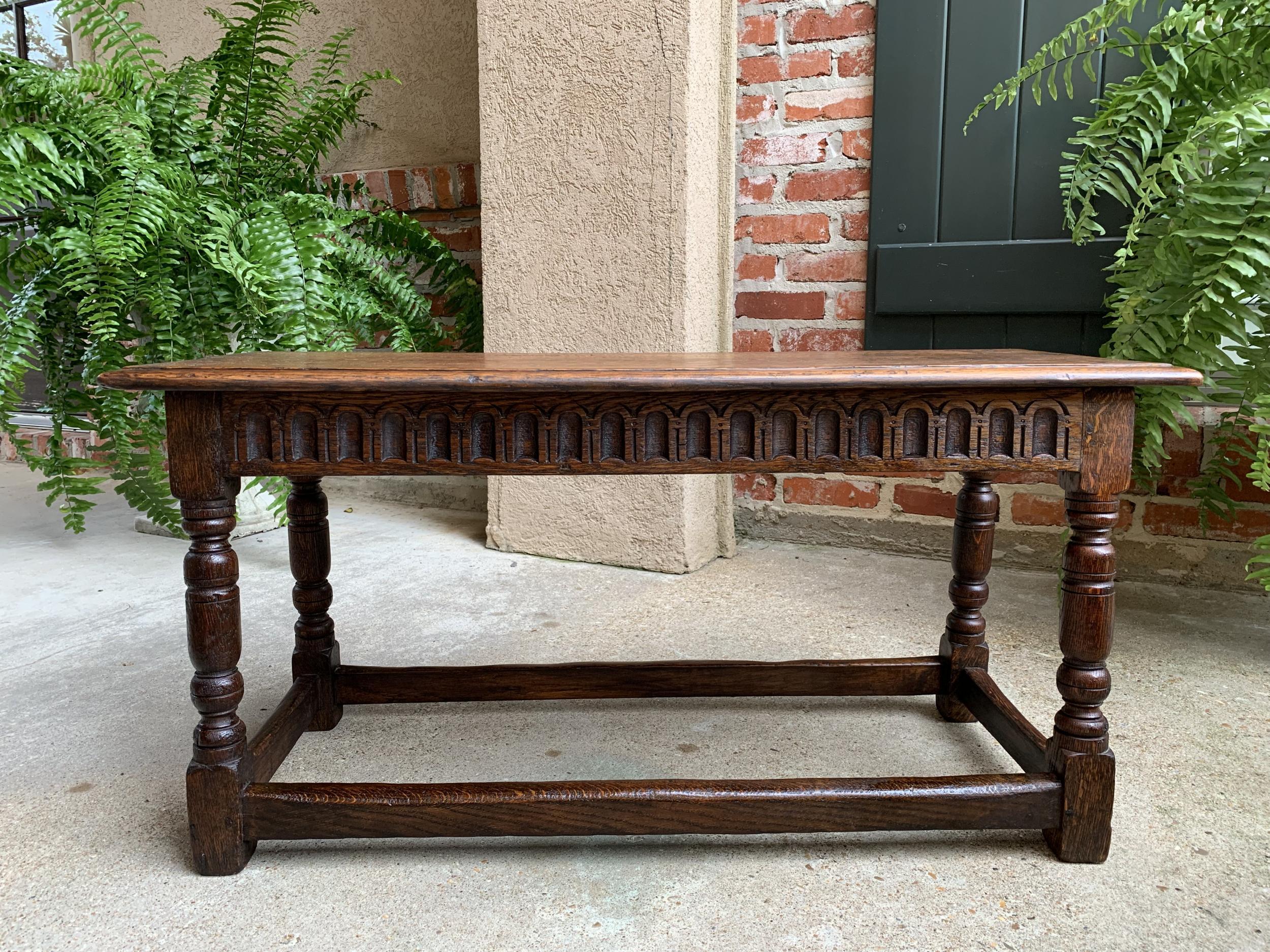 British Antique English Carved Oak Pegged Joint Stool Duet Bench Window Seat, c1900