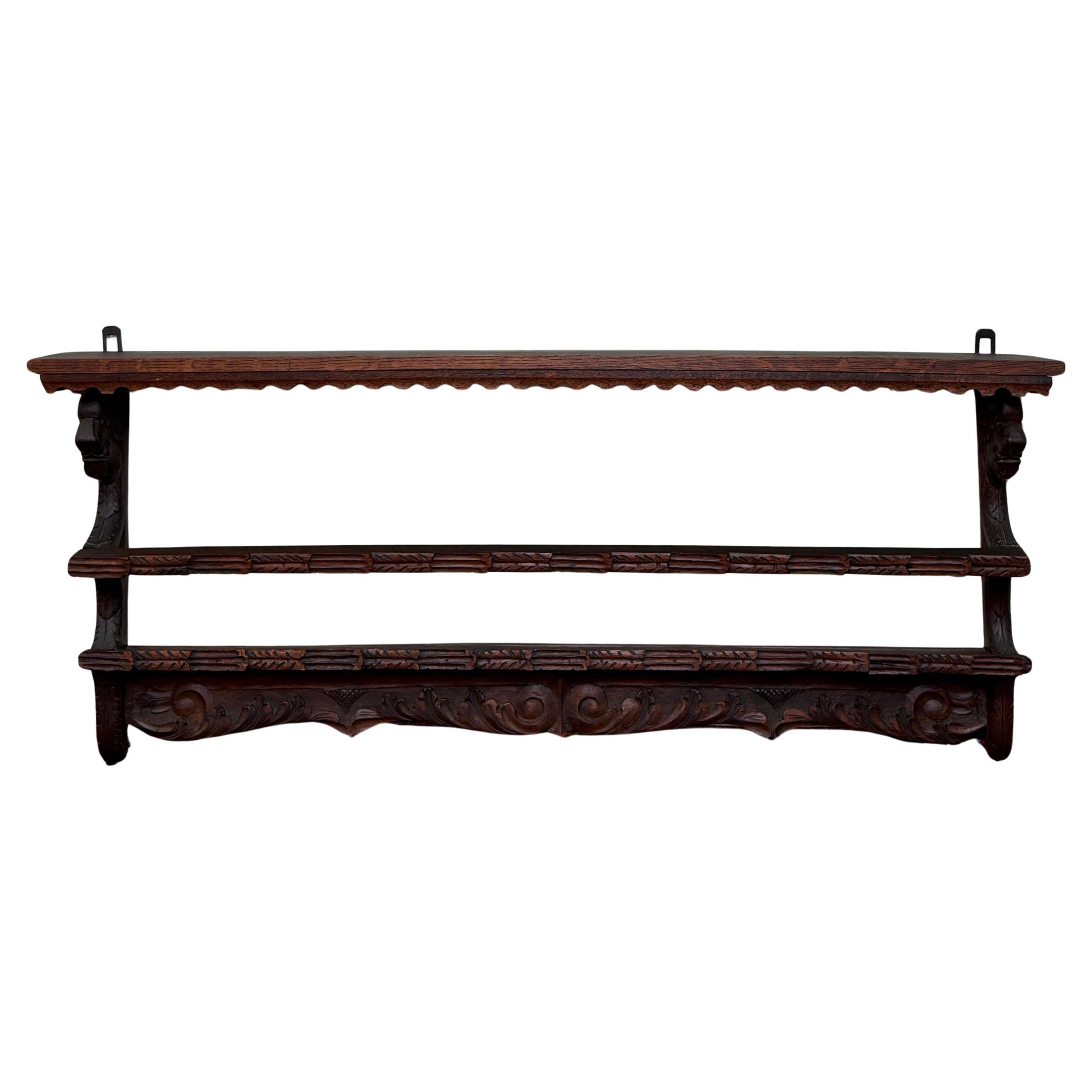 Antique English Carved Oak Plate Rack Lions Wall Shelf