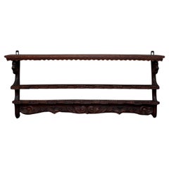 Antique English Carved Oak Plate Rack Lions Wall Shelf