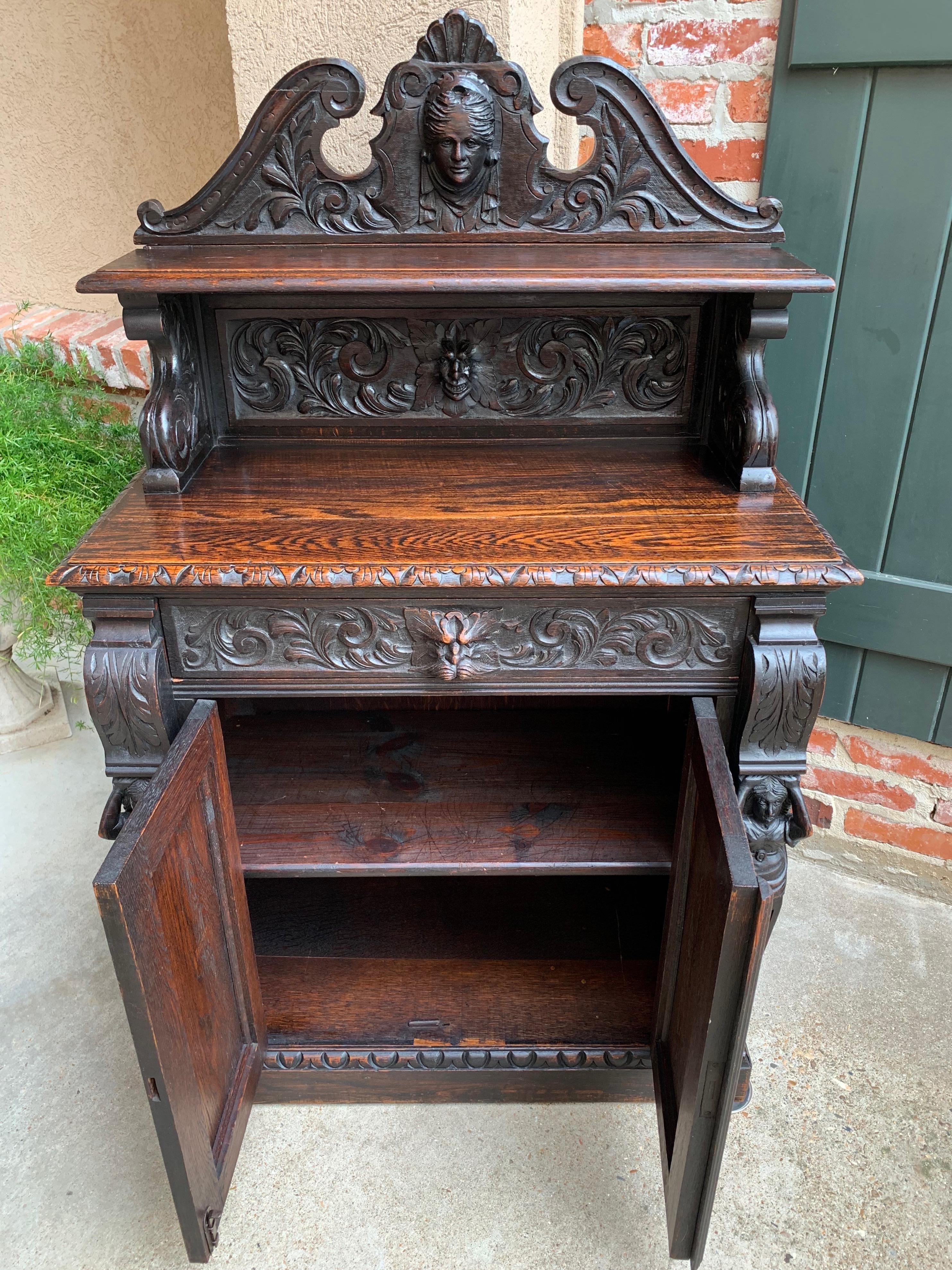 Antique English Carved Oak Renaissance Wine Cabinet Bookcase Sideboard Small 1