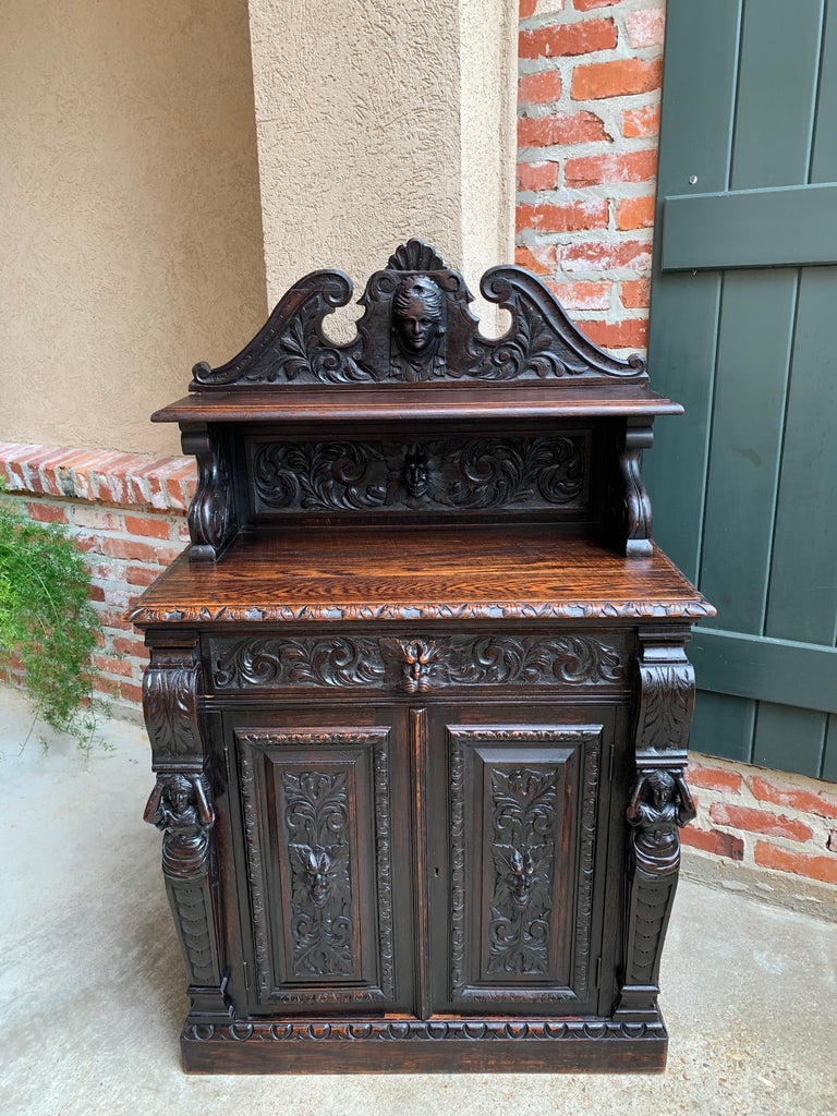 Antique English Carved Oak Renaissance Wine Bookcase Sideboard Small at 1stDibs