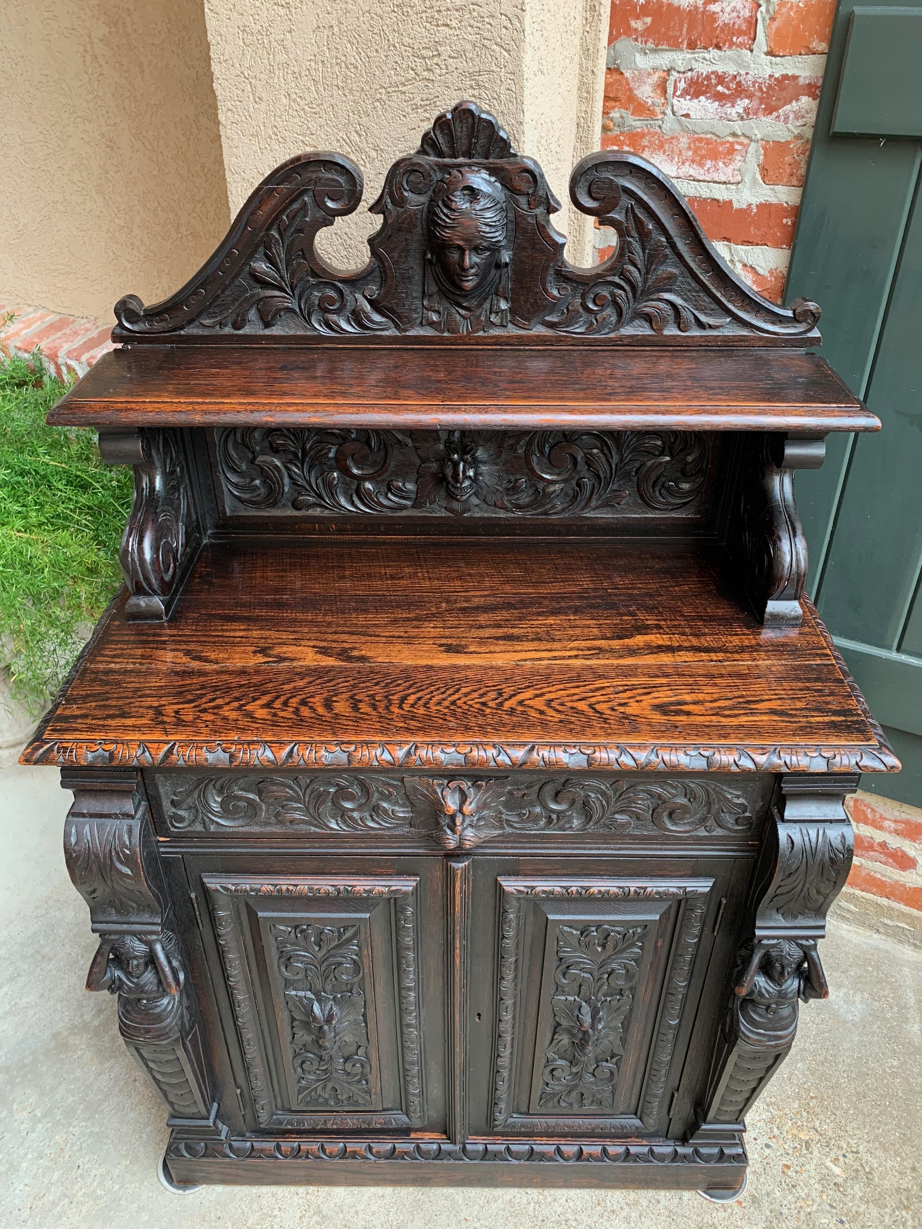 Victorian Antique English Carved Oak Renaissance Wine Cabinet Bookcase Sideboard Small