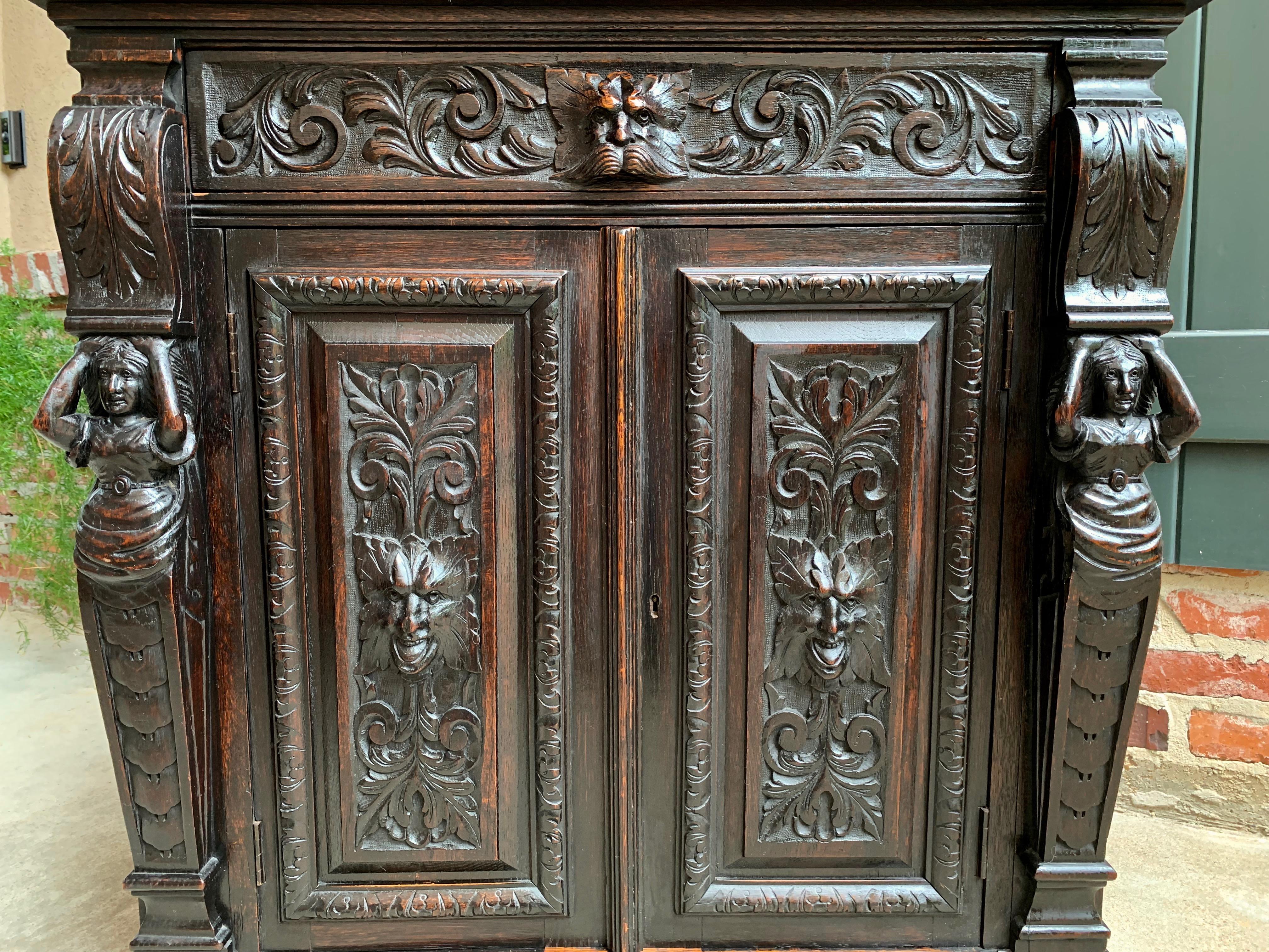 Hand-Carved Antique English Carved Oak Renaissance Wine Cabinet Bookcase Sideboard Small