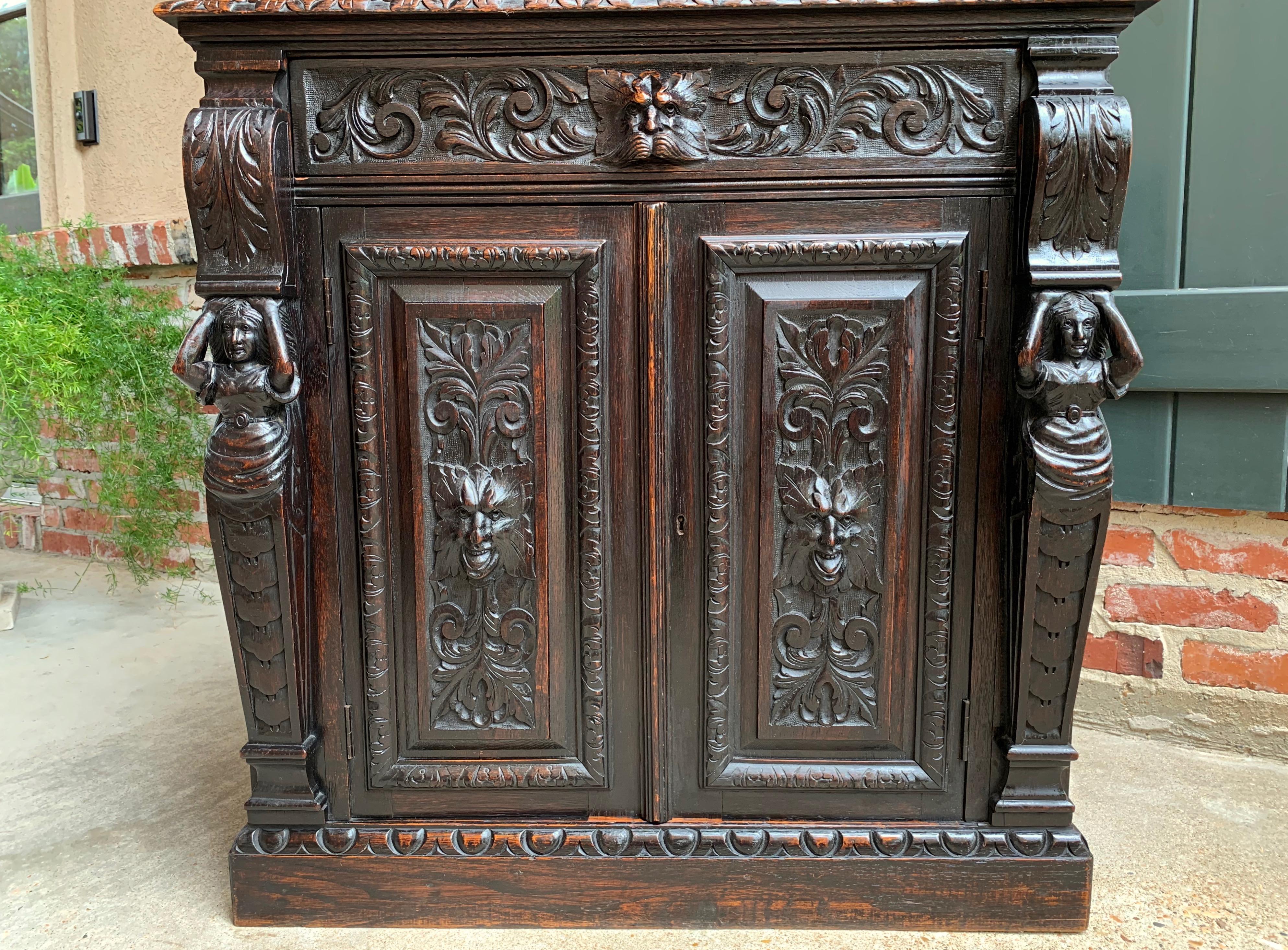 Late 19th Century Antique English Carved Oak Renaissance Wine Cabinet Bookcase Sideboard Small