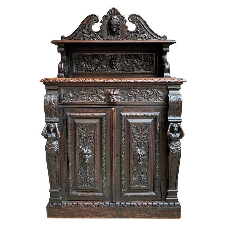 Antique English Carved Oak Renaissance Wine Cabinet Bookcase