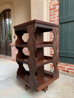 Antique English Carved Oak Revolving Rolling Bookcase Bookshelf Office Library
