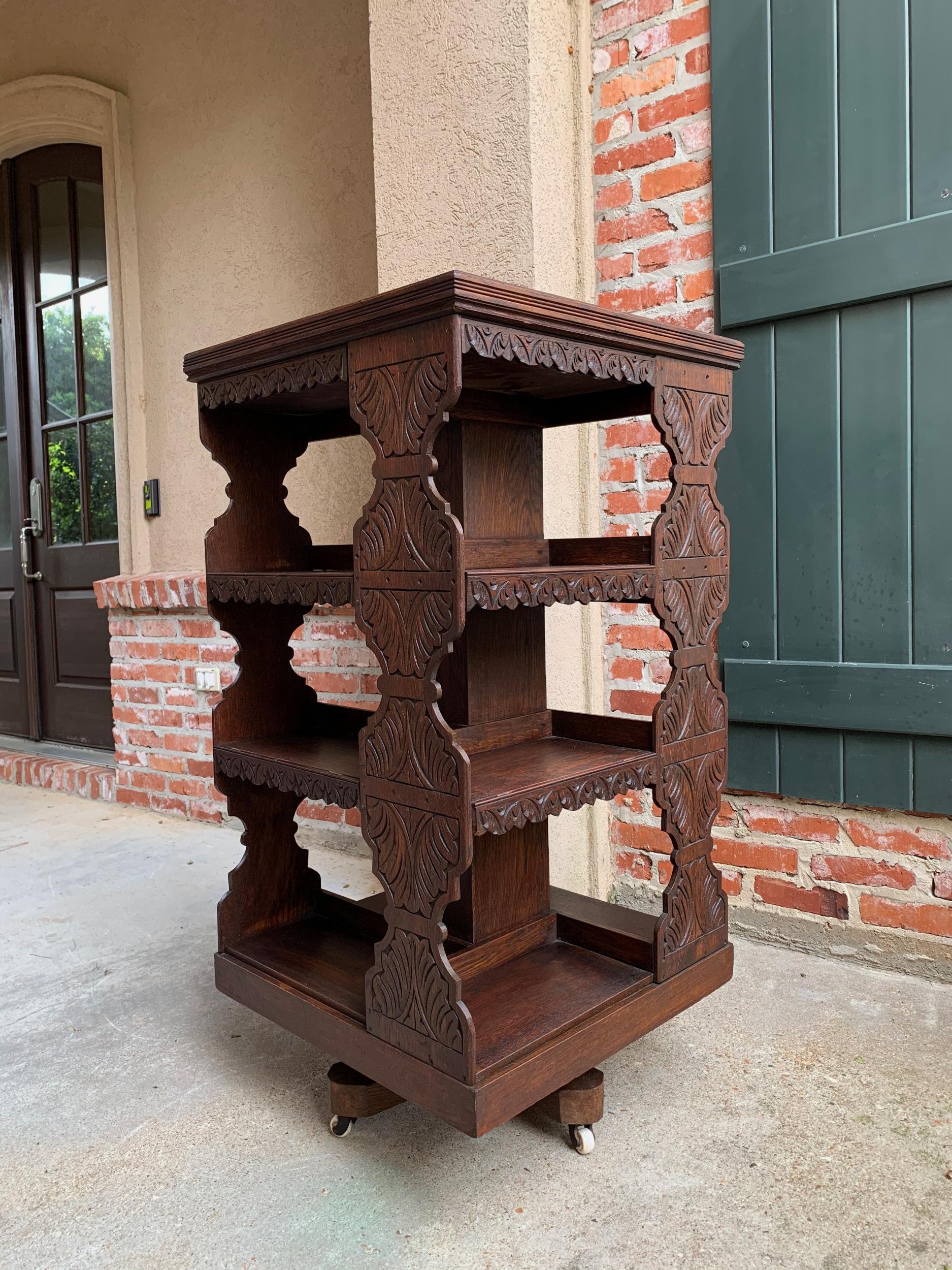 Arts and Crafts Antique English Carved Oak Revolving Rolling Bookcase Bookshelf Office Library