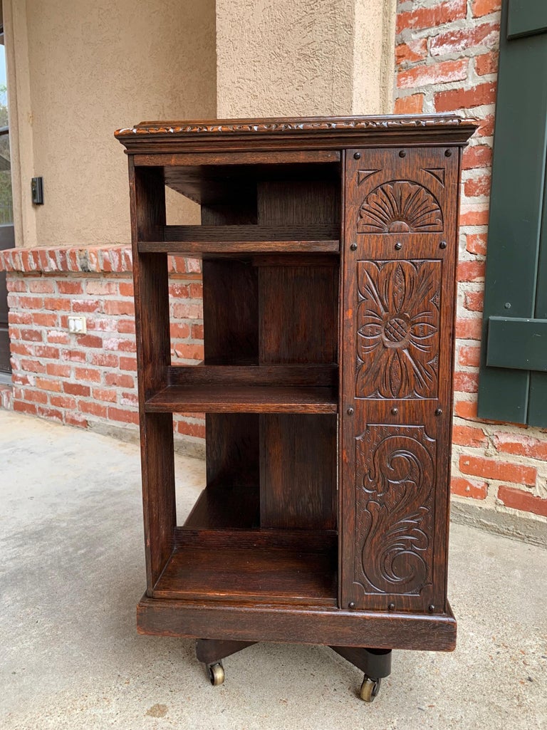 Antique English Carved Oak Revolving Rolling Bookcase Bookshelf Office