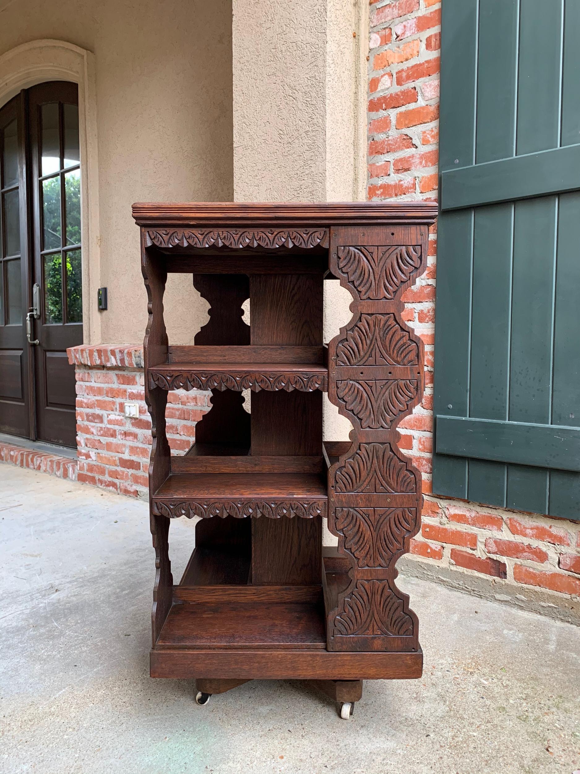 Hand-Carved Antique English Carved Oak Revolving Rolling Bookcase Bookshelf Office Library