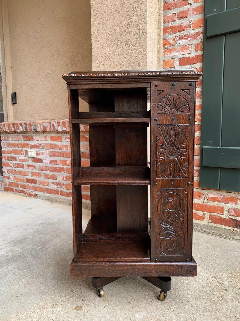 Antique English Carved Oak Revolving Rolling Bookcase Bookshelf Office