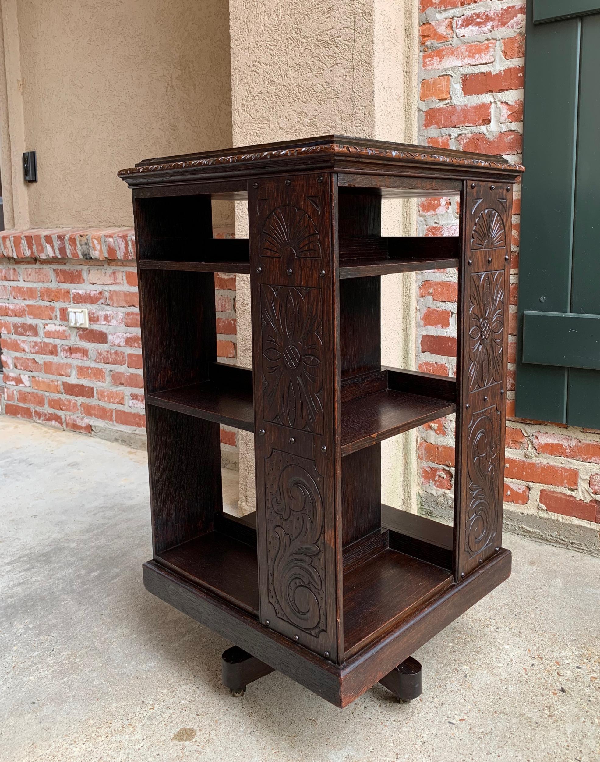 Arts and Crafts Antique English Carved Oak Revolving Rolling Bookcase Bookshelf Office Library