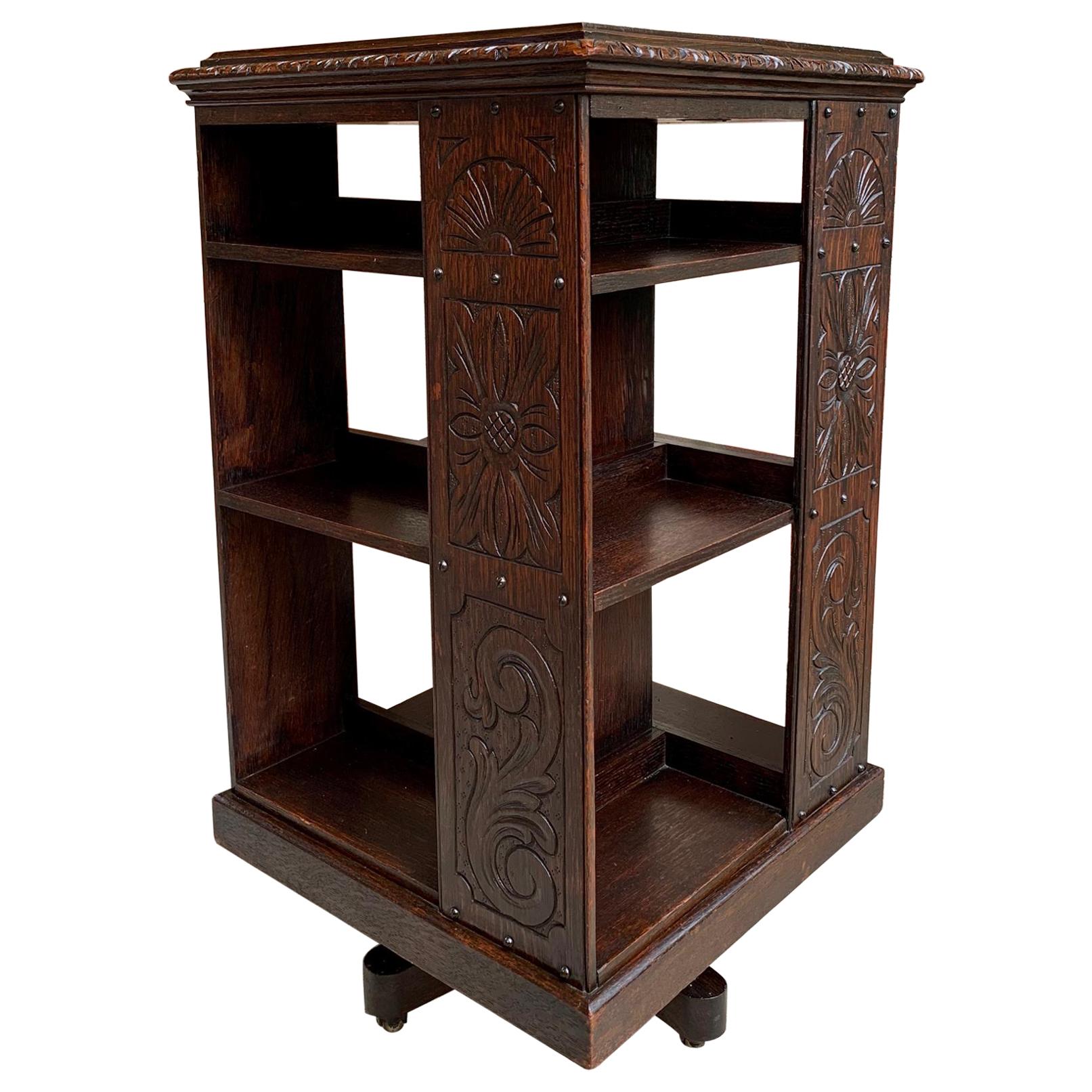 Antique English Carved Oak Revolving Rolling Bookcase Bookshelf Office Library