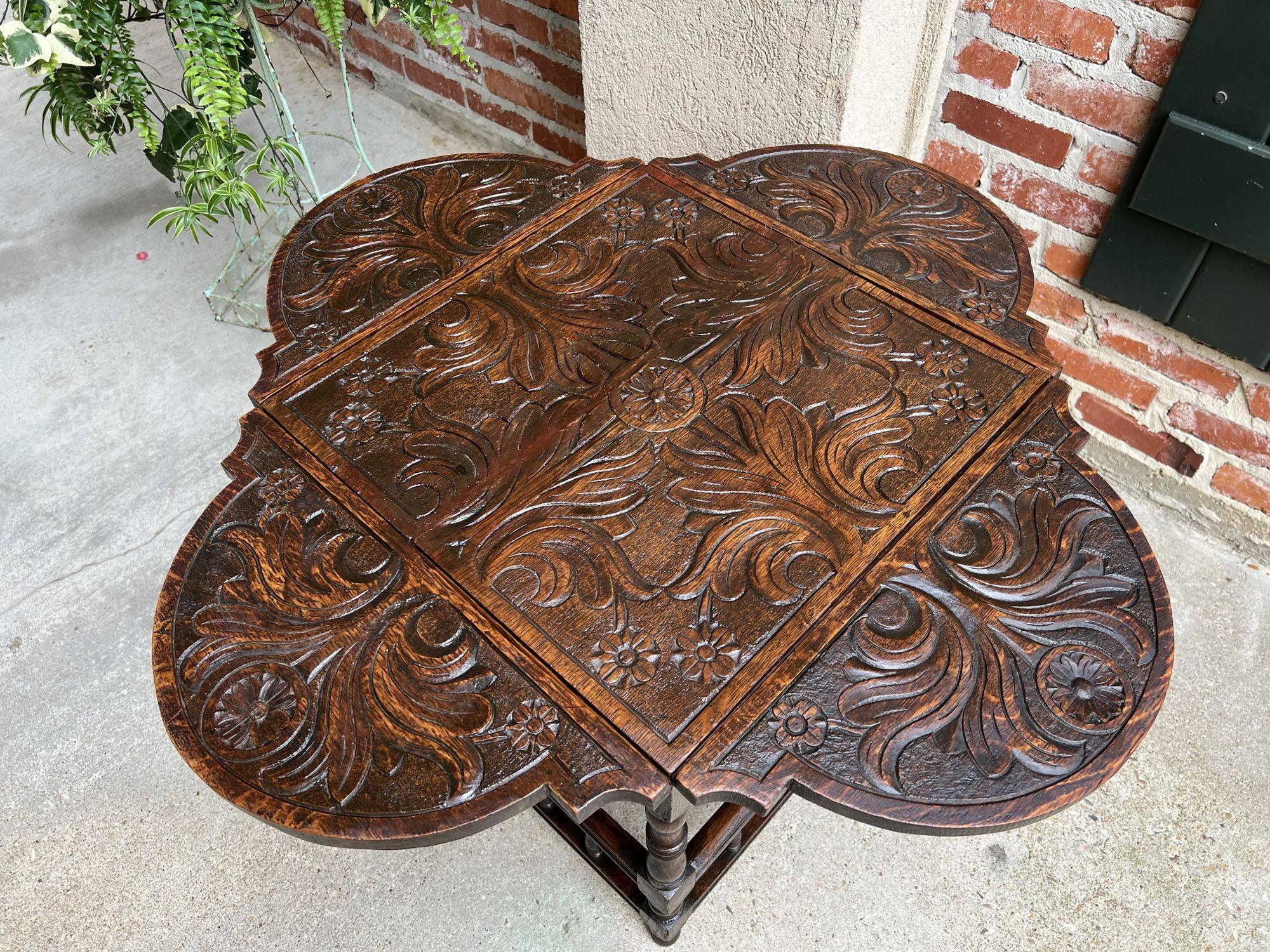 Antique English Carved Oak Side Hall Table Petite Drop Leaf Tea Wine Table 3