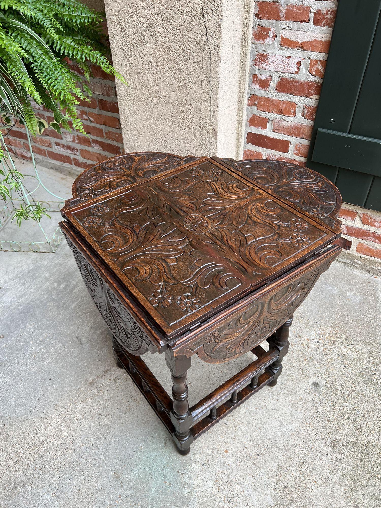 Antique English Carved Oak Side Hall Table Petite Drop Leaf Tea Wine Table 4