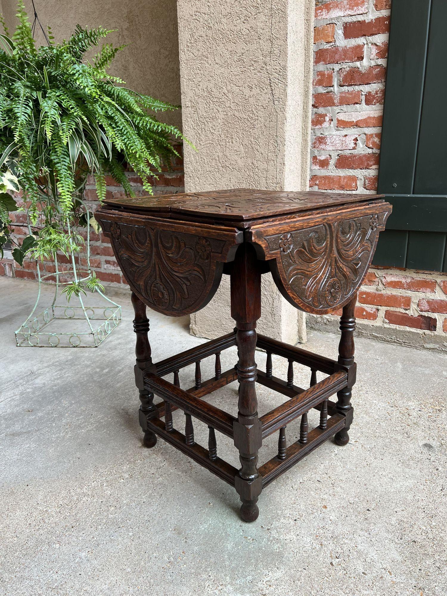 Antique English Carved Oak Side Hall Table Petite Drop Leaf Tea Wine Table 6