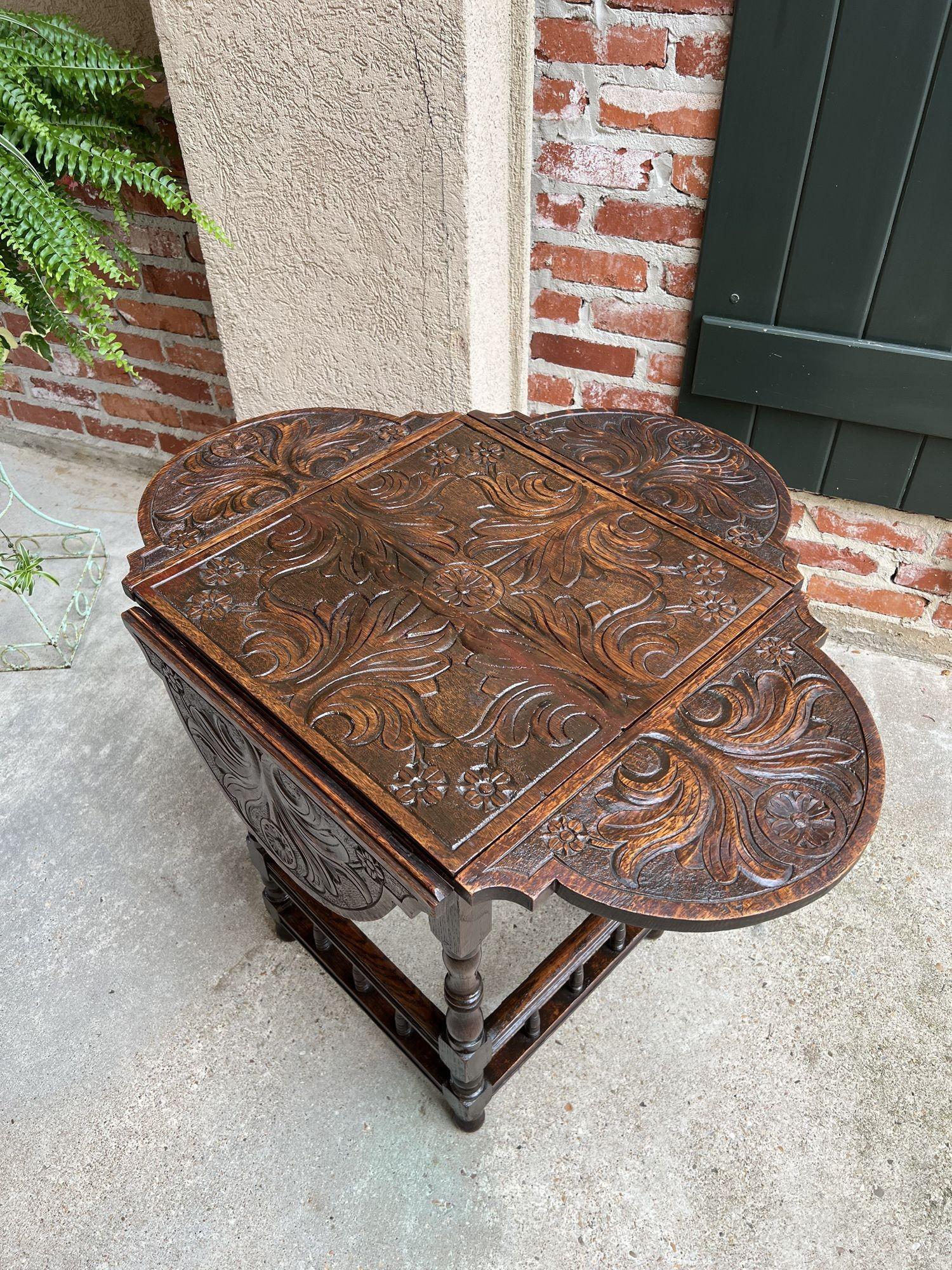 Antique English Carved Oak Side Hall Table Petite Drop Leaf Tea Wine Table 8
