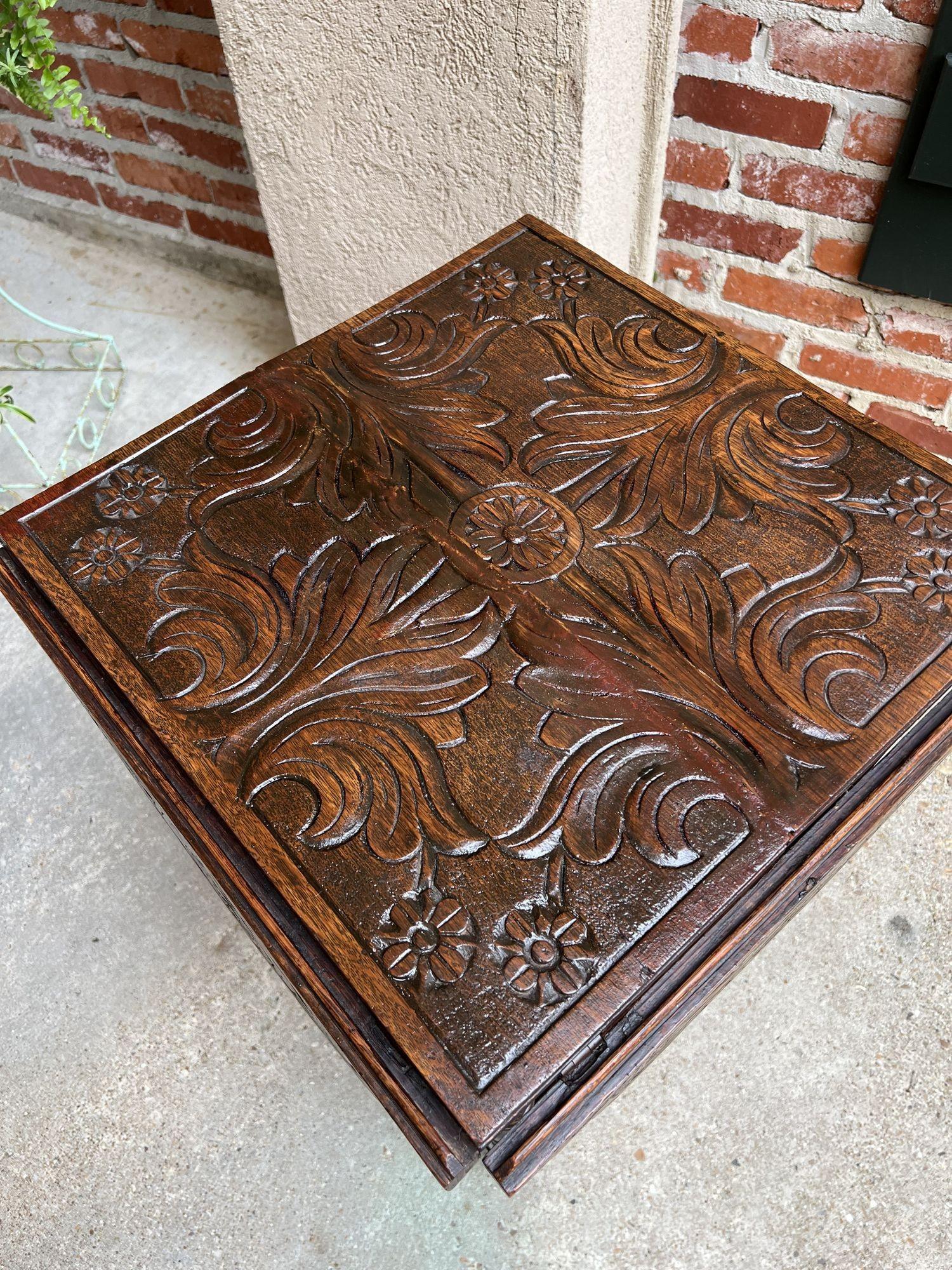 Antique English Carved Oak Side Hall Table Petite Drop Leaf Tea Wine Table 9