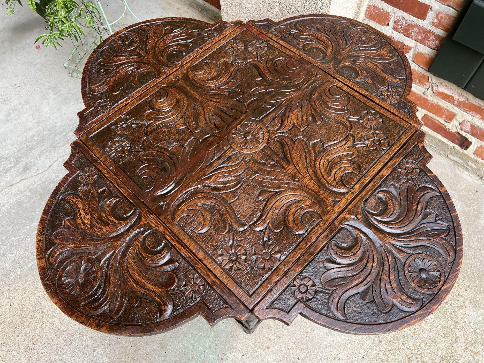 Antique English Carved Oak Side Hall Table Petite Drop Leaf Tea Wine Table 13