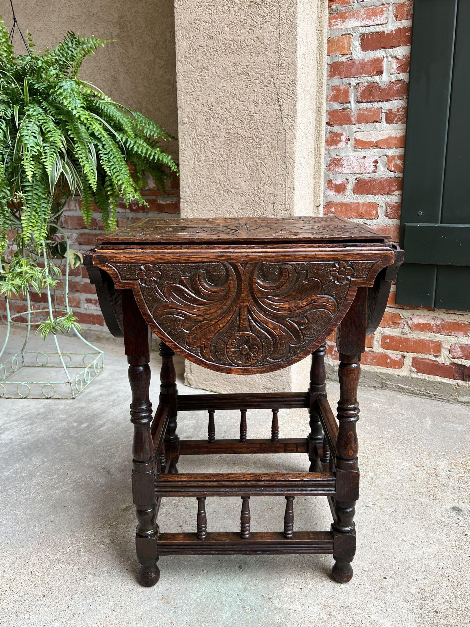 British Antique English Carved Oak Side Hall Table Petite Drop Leaf Tea Wine Table
